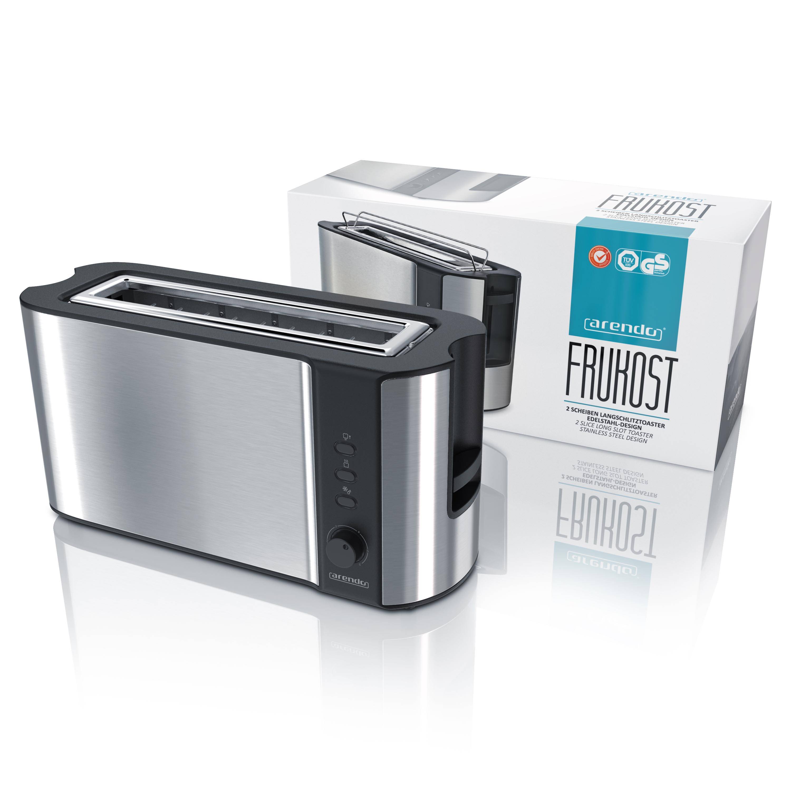 Arendo Toaster Langschlitz für 2 Scheiben, 1000 Watt, Brötchenaufsatz, wärmeisoliert, Display, Edelstahl