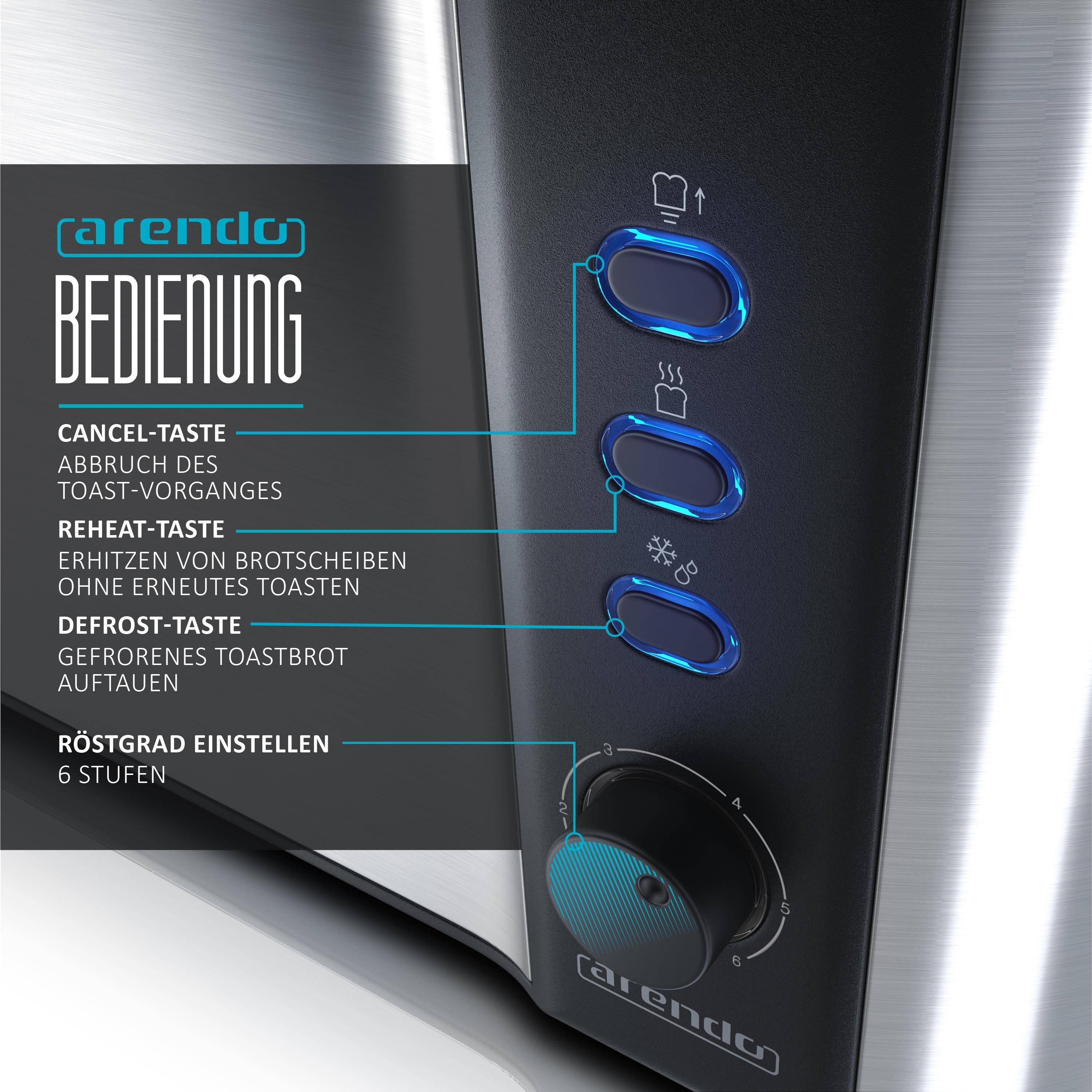 Arendo Toaster Langschlitz für 2 Scheiben, 1000 Watt, Brötchenaufsatz, wärmeisoliert, Display, Edelstahl