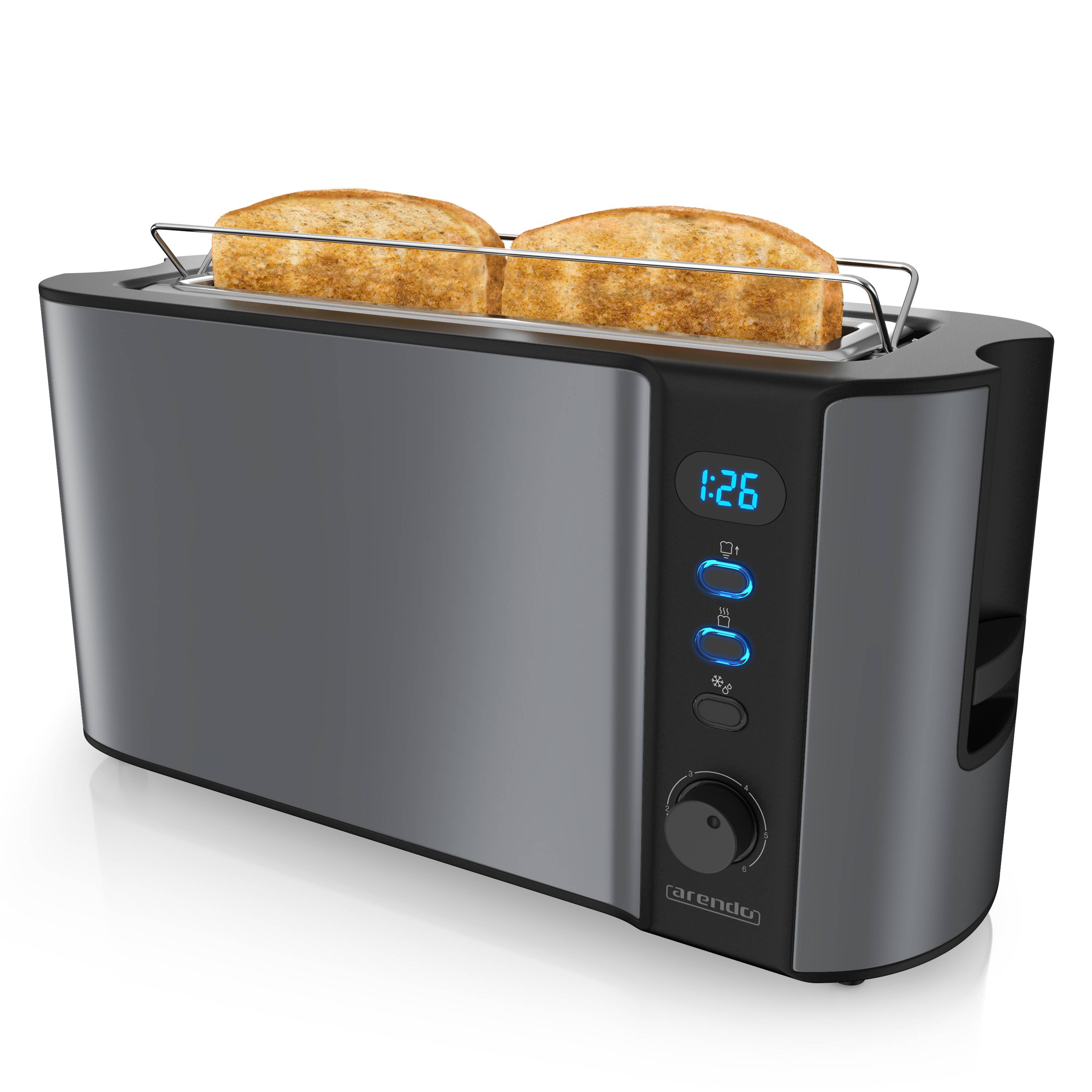 Arendo Toaster Langschlitz für 2 Scheiben, 1000 Watt, Brötchenaufsatz, wärmeisoliert, Display, grau