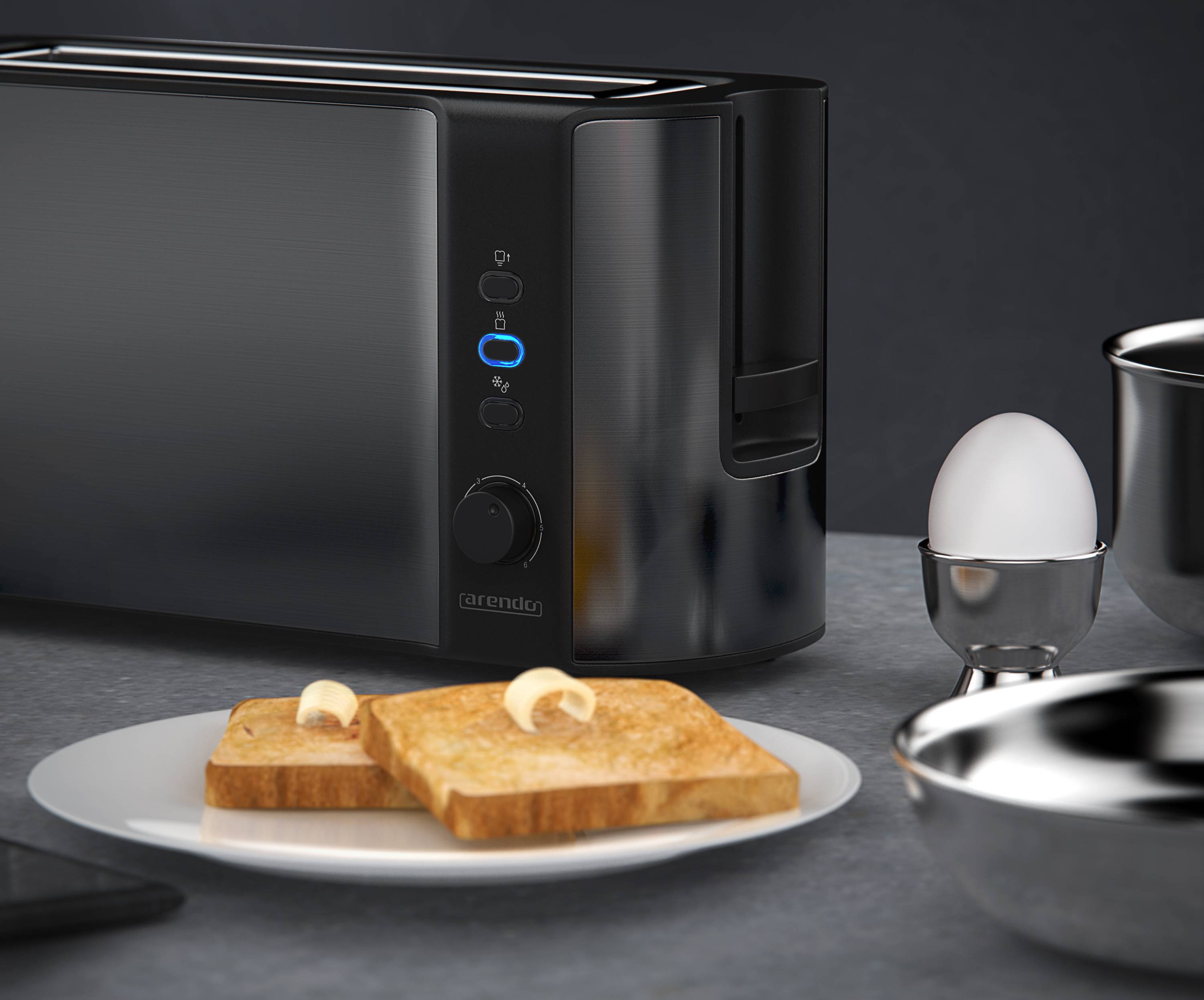 Arendo Toaster Langschlitz für 2 Scheiben, 1000 Watt, Brötchenaufsatz, wärmeisoliert, Display, grau
