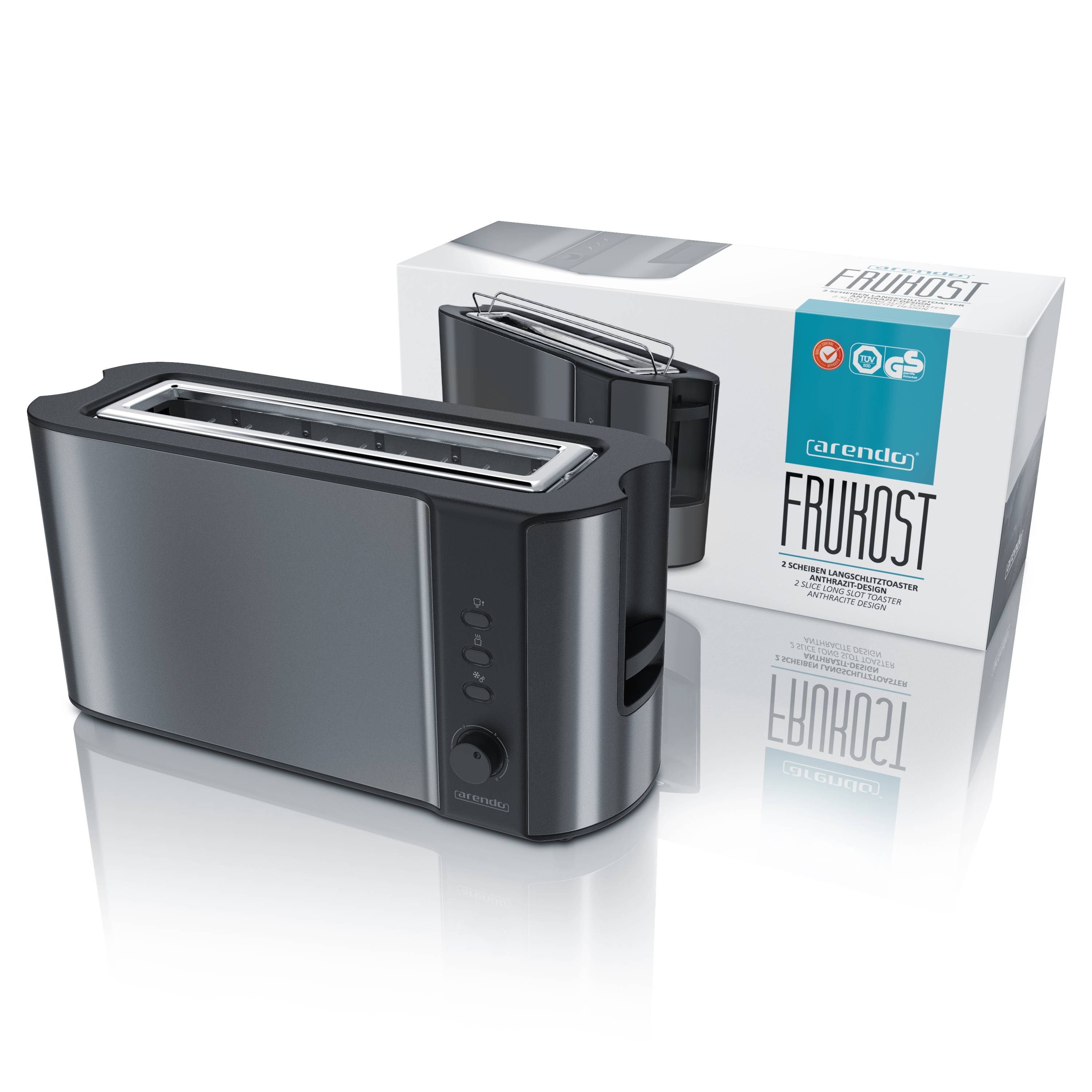 Arendo Toaster Langschlitz für 2 Scheiben, 1000 W, Brötchenaufsatz, Wärmeisoliert, Display, grau