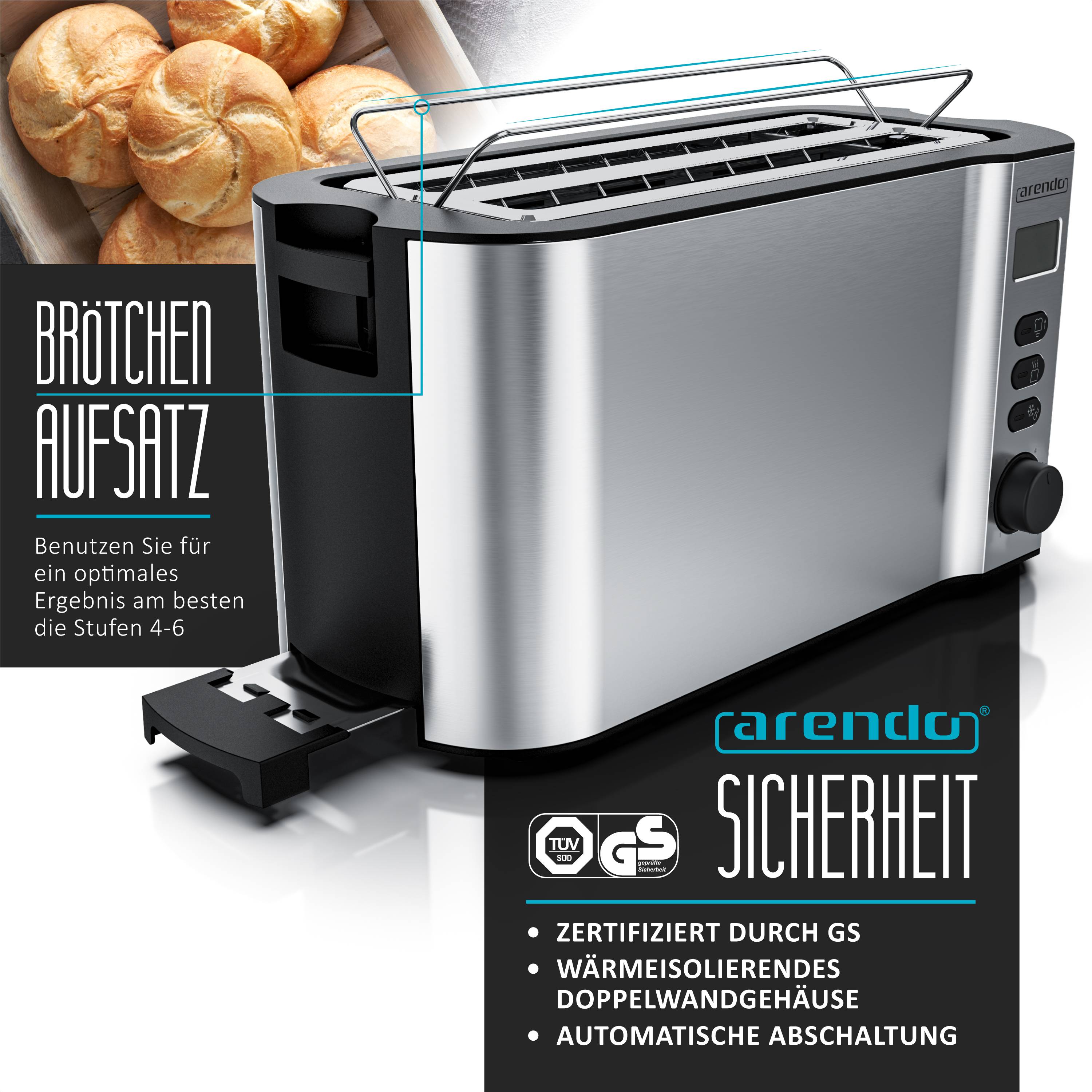 Arendo Toaster Edelstahl Langschlitz 4 Scheiben, Doppelwandgehäuse, integrierter Brötchenaufsatz, 6 Bräunungsstufen