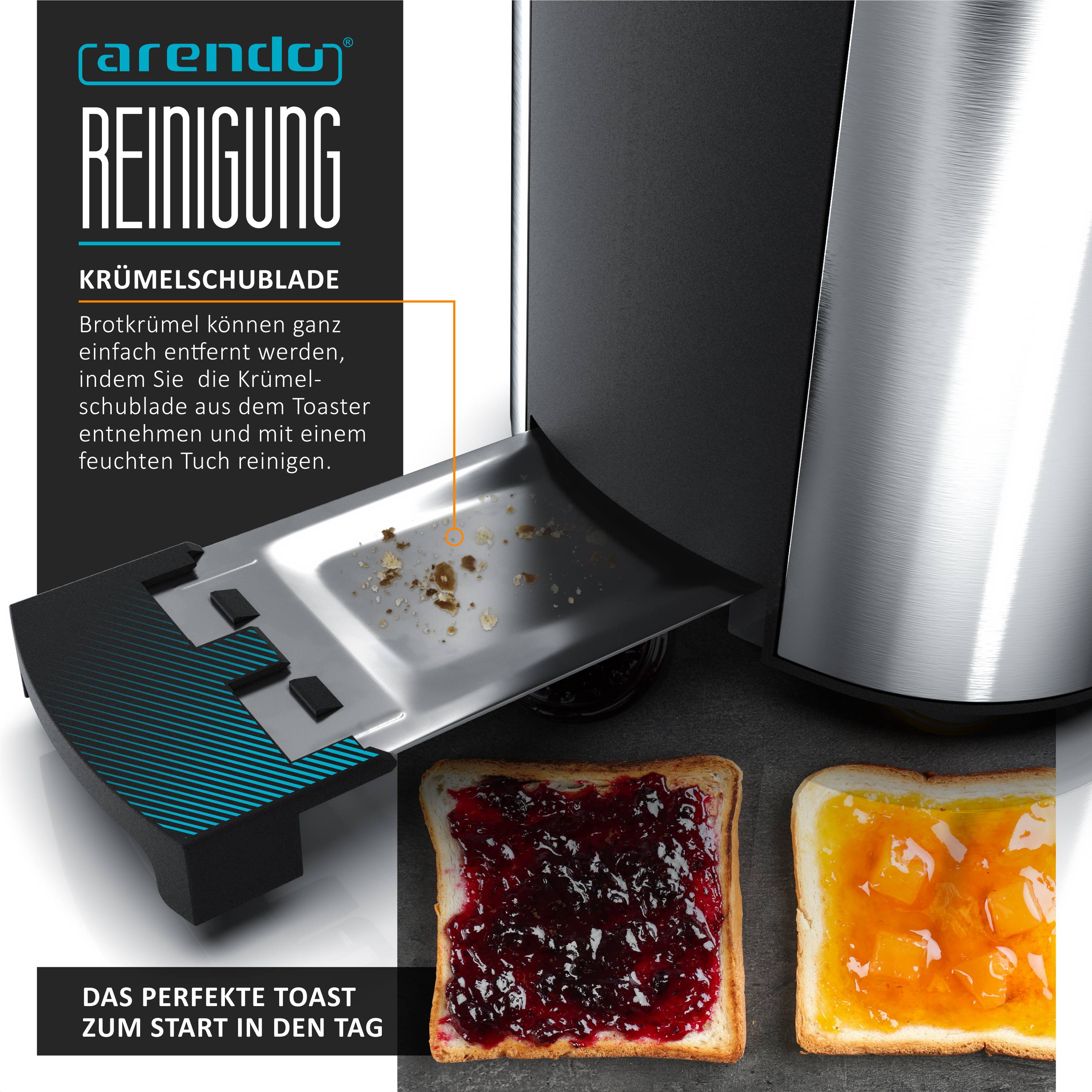 Arendo Toaster Edelstahl Langschlitz 4 Scheiben, Doppelwandgehäuse, integrierter Brötchenaufsatz, 6 Bräunungsstufen