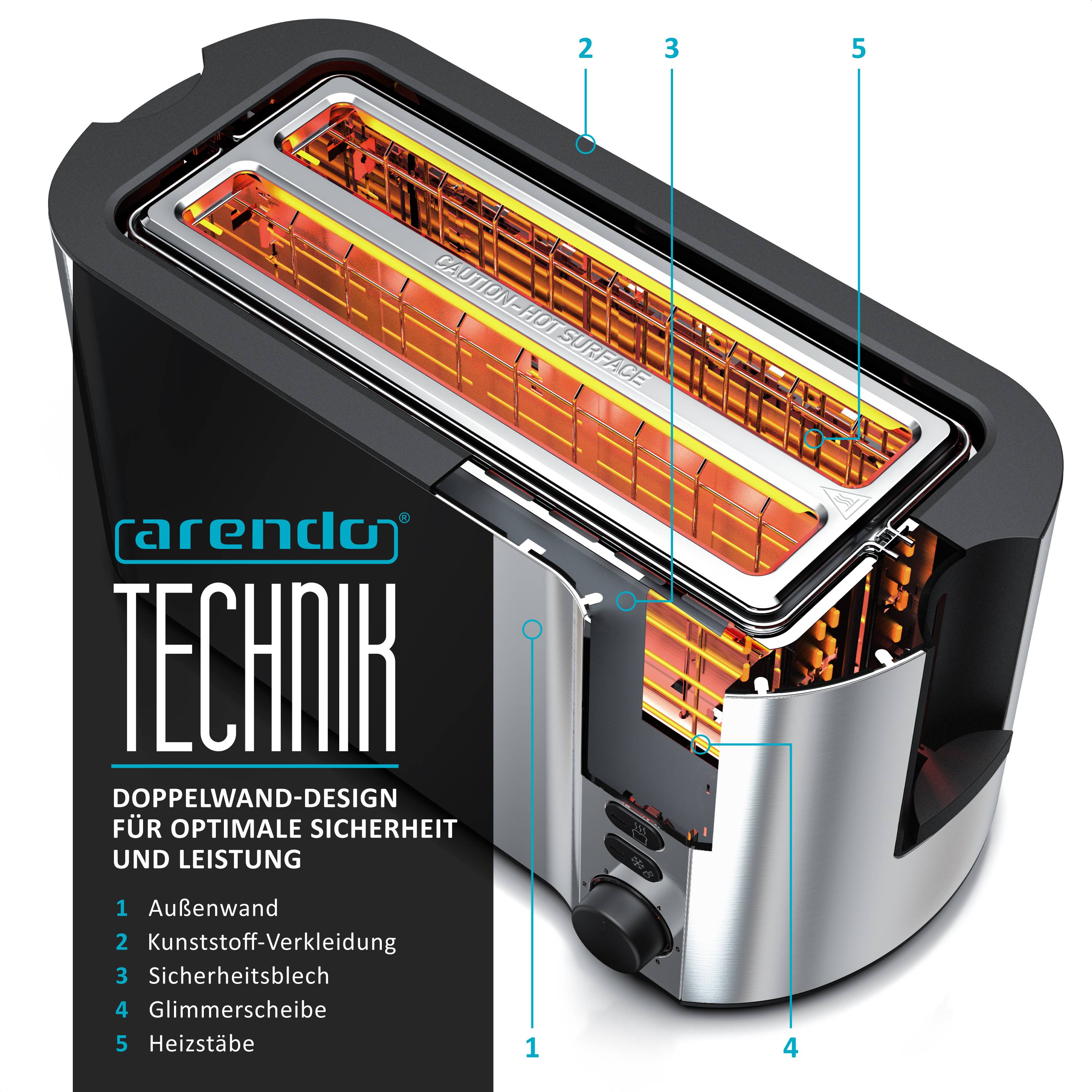 Arendo Toaster Edelstahl Langschlitz 4 Scheiben, Doppelwandgehäuse, integrierter Brötchenaufsatz, 6 Bräunungsstufen