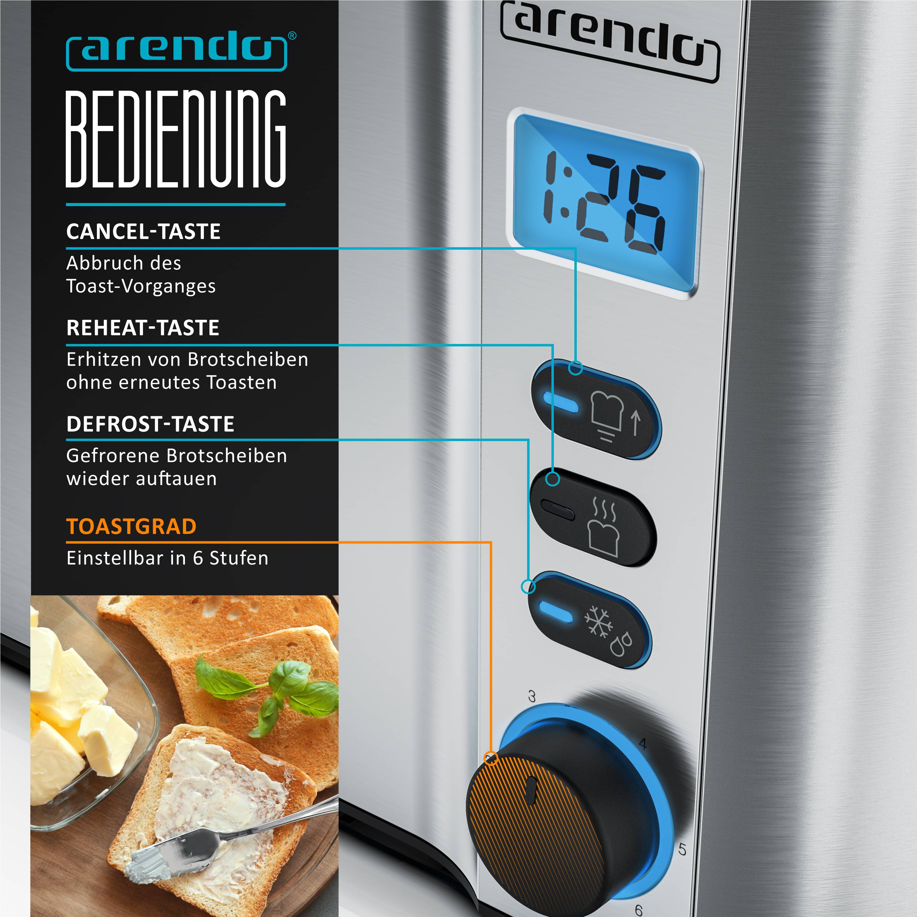 Arendo Toaster Edelstahl Langschlitz 4 Scheiben, Doppelwandgehäuse, integrierter Brötchenaufsatz, 6 Bräunungsstufen