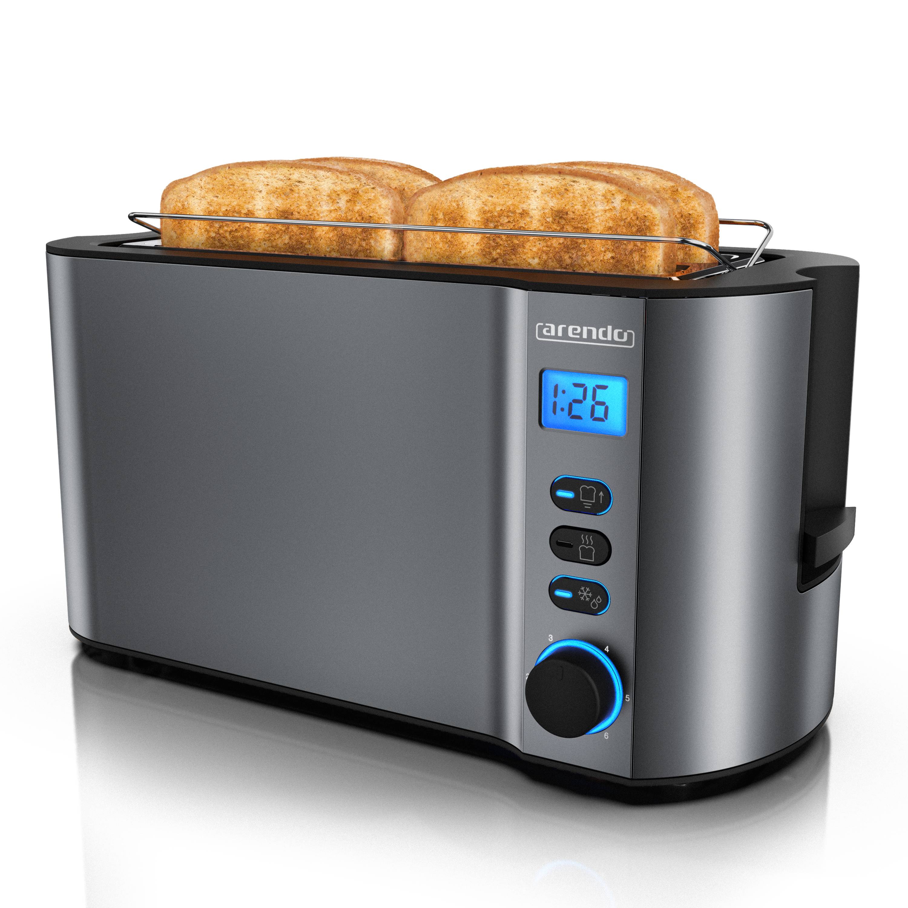 Arendo Langschlitztoaster 4-Scheiben, Edelstahl Toaster mit Restzeitanzeige, 1500 W, Doppelwandgehäuse, Brötchenaufsatz