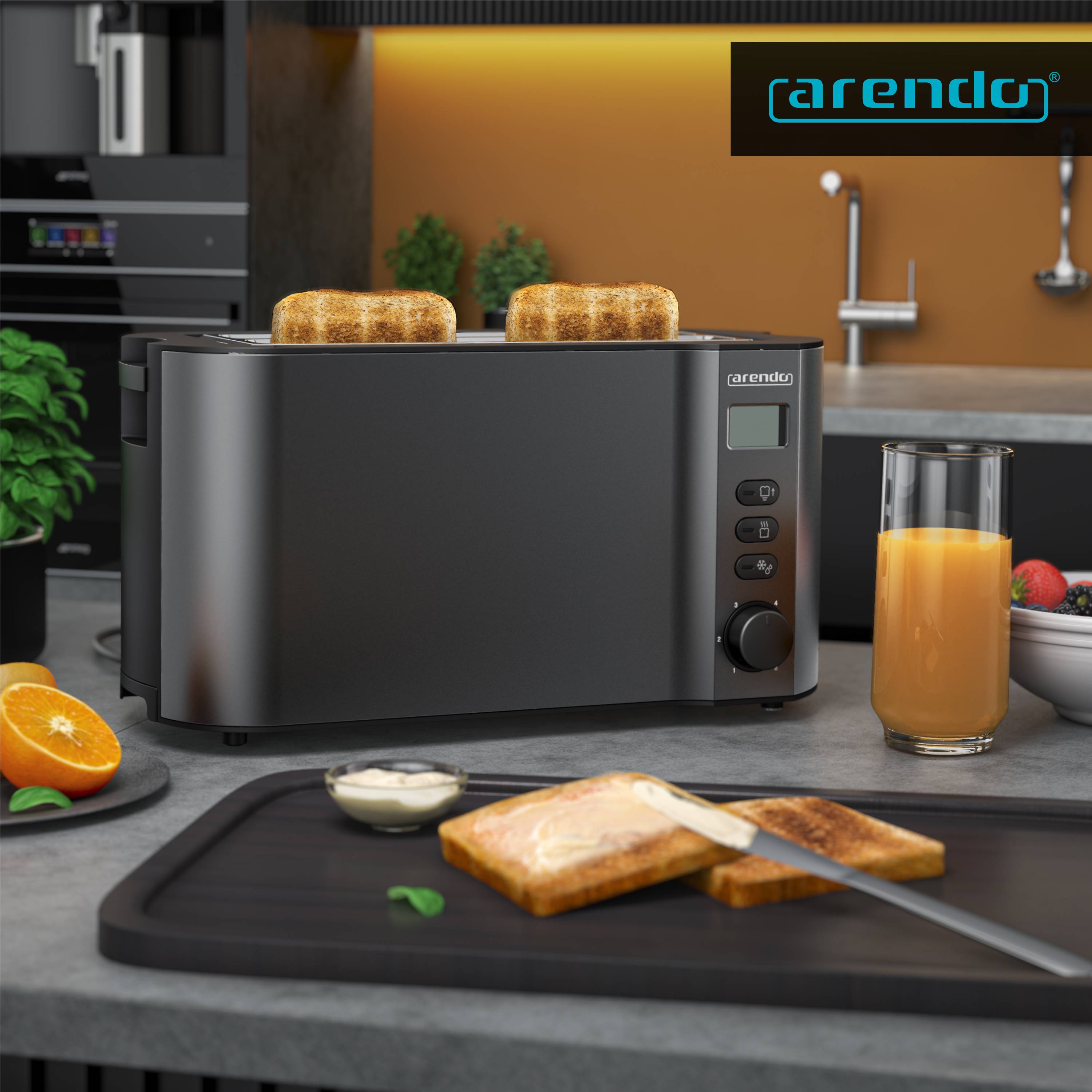 Arendo Langschlitztoaster 4-Scheiben, Edelstahl Toaster mit Restzeitanzeige, 1500 W, Doppelwandgehäuse, Brötchenaufsatz