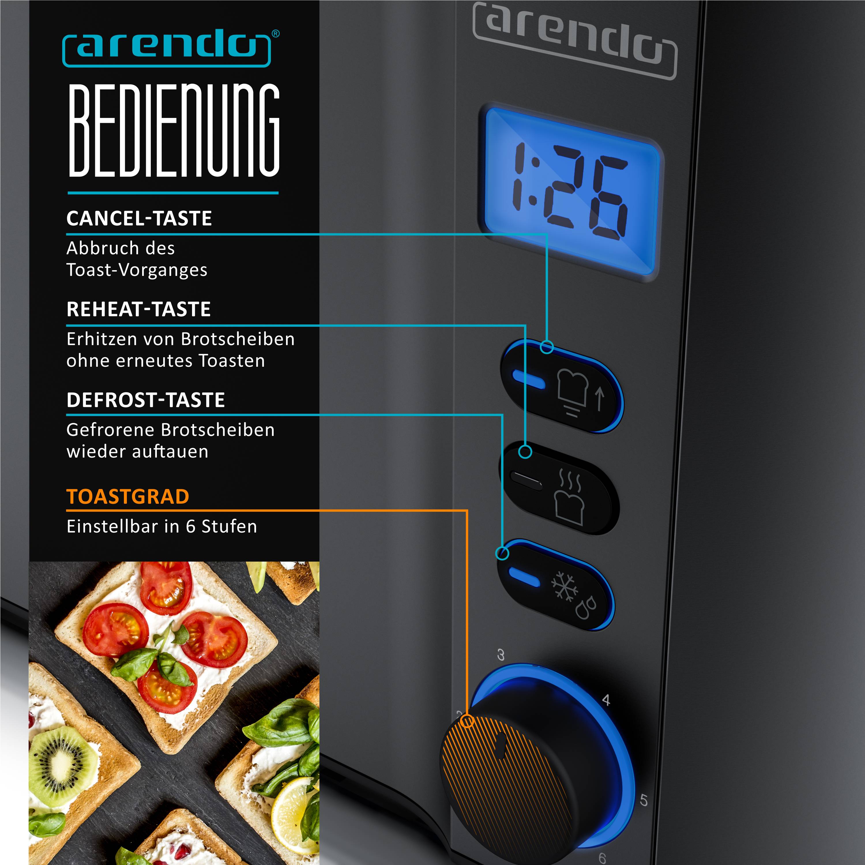 Arendo Langschlitztoaster 4-Scheiben, Edelstahl Toaster mit Restzeitanzeige, 1500 W, Doppelwandgehäuse, Brötchenaufsatz