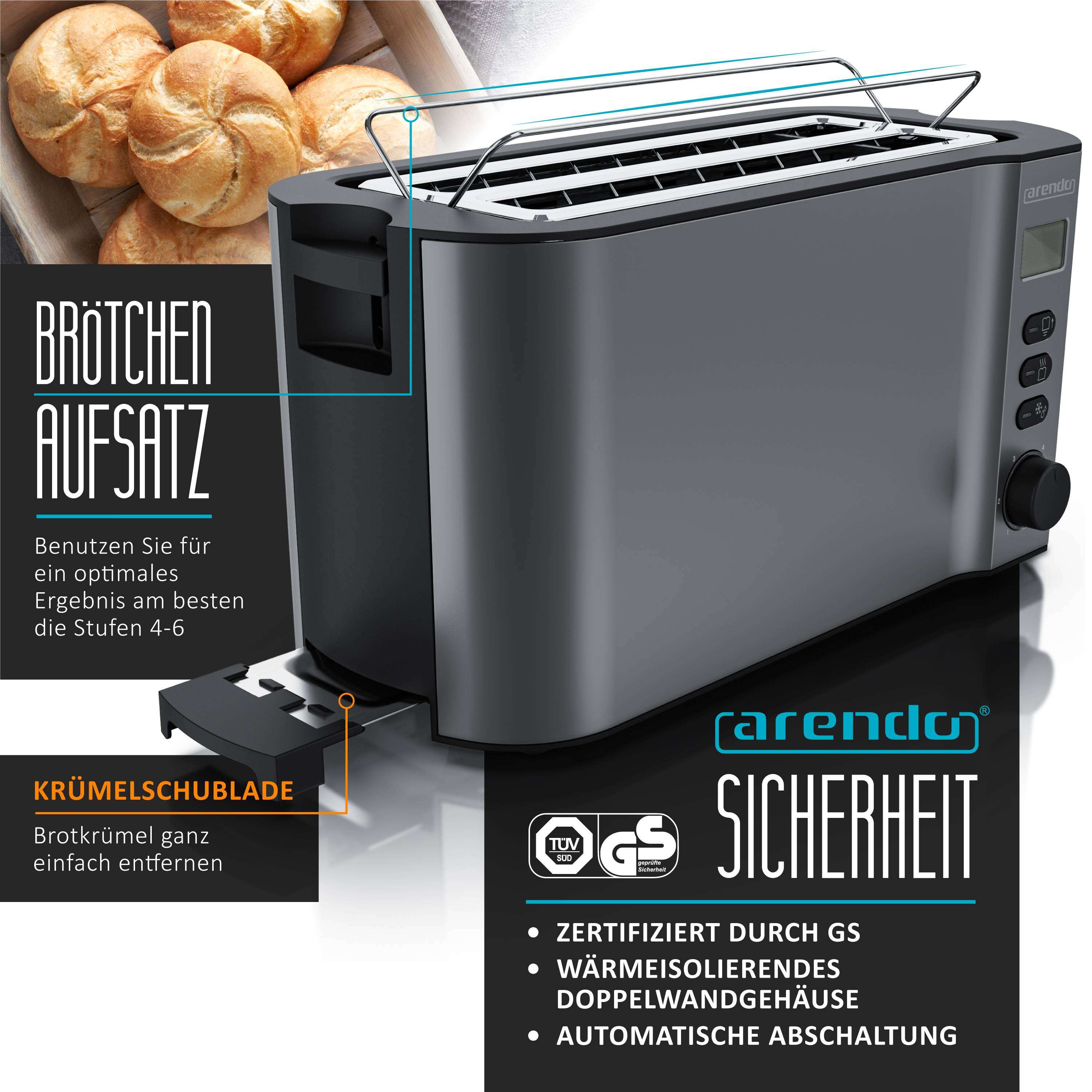 Arendo Langschlitztoaster 4-Scheiben, Edelstahl Toaster mit Restzeitanzeige, 1500 W, Doppelwandgehäuse, Brötchenaufsatz