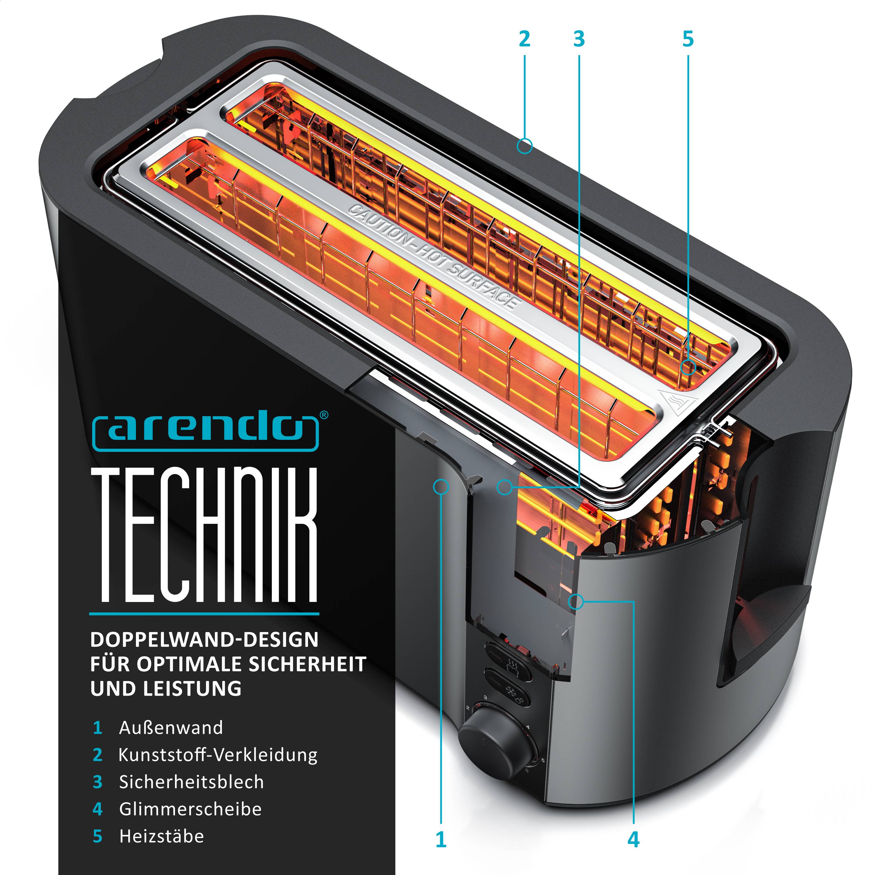 Arendo Langschlitztoaster 4 Scheiben, Edelstahl Toaster mit Restzeitanzeige, 1500W, Doppelwandgehäuse, Brötchenaufsatz
