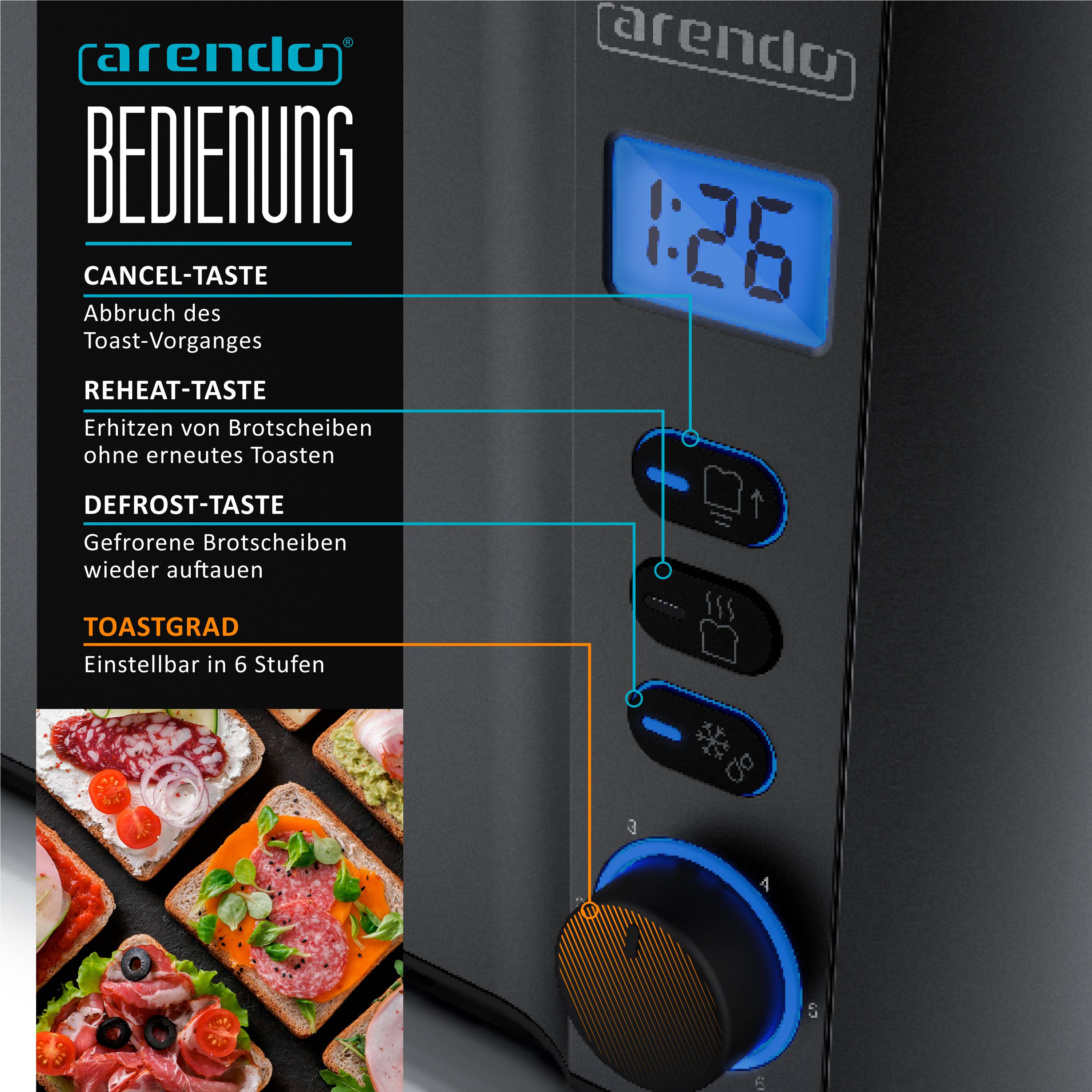 Arendo Toaster Edelstahl Langschlitz 4 Scheiben, integrierter Brötchenhalter, Bräunungsstufen 1-6, Brotzentrierung