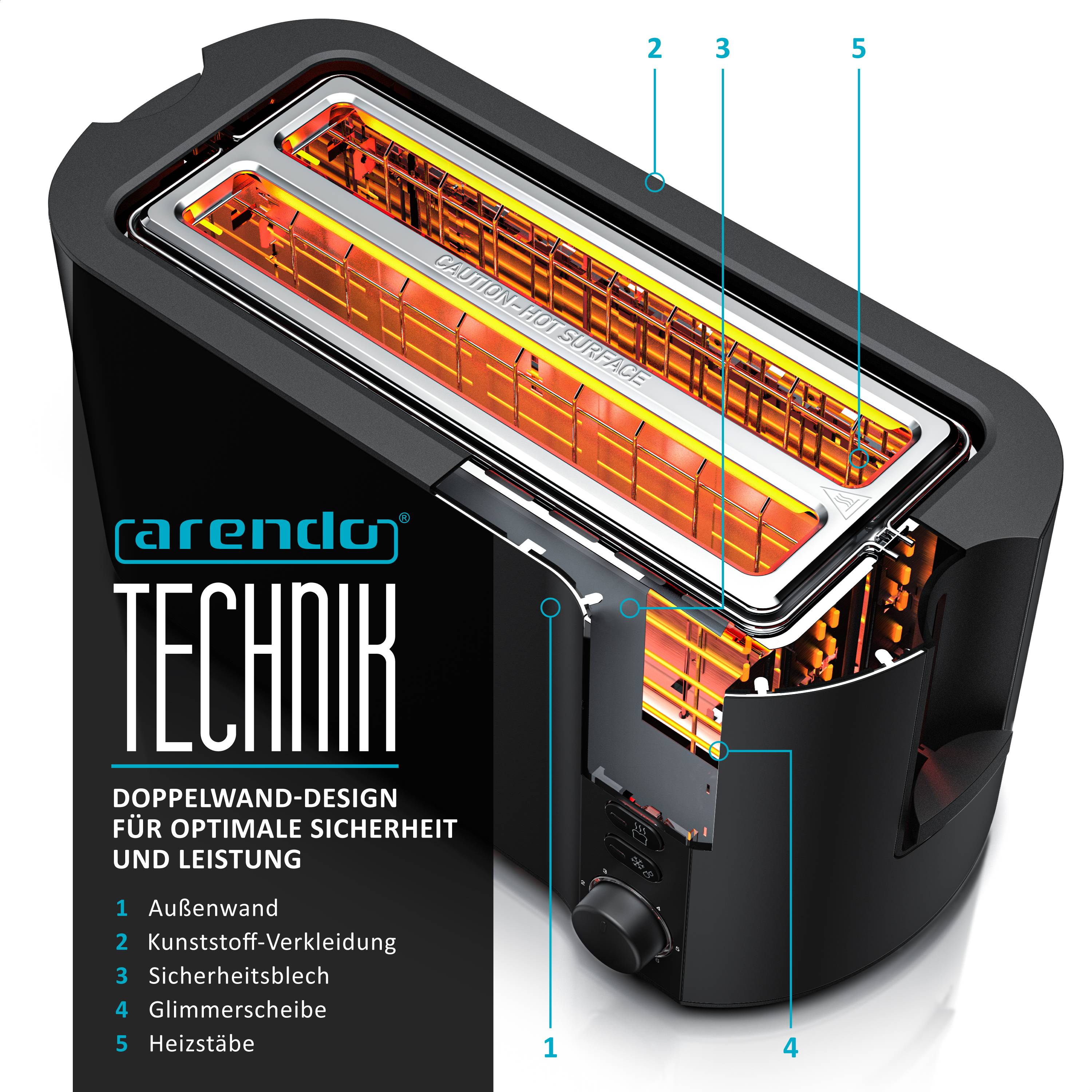 Arendo Toaster Edelstahl Langschlitz 4 Scheiben, integrierter Brötchenhalter, Bräunungsstufen 1-6, Brotzentrierung