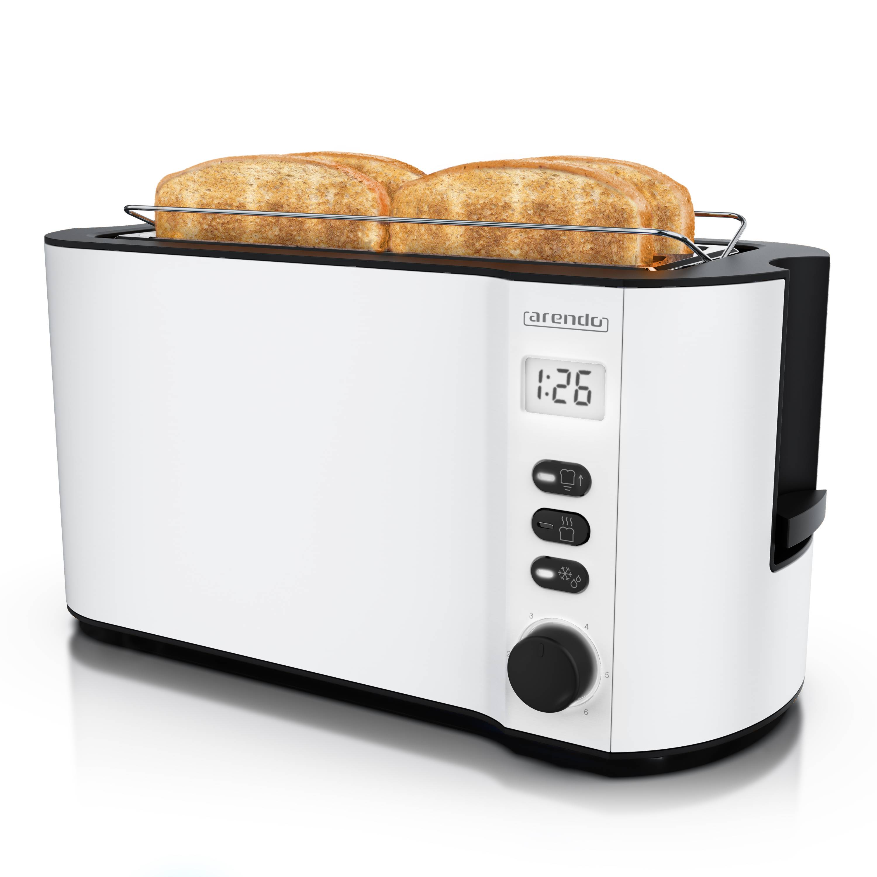 Arendo Langschlitz-Toaster für 4 Scheiben, Doppelwandgehäuse, integrierter Brötchenaufsatz, Bräunungsgrade 1-6
