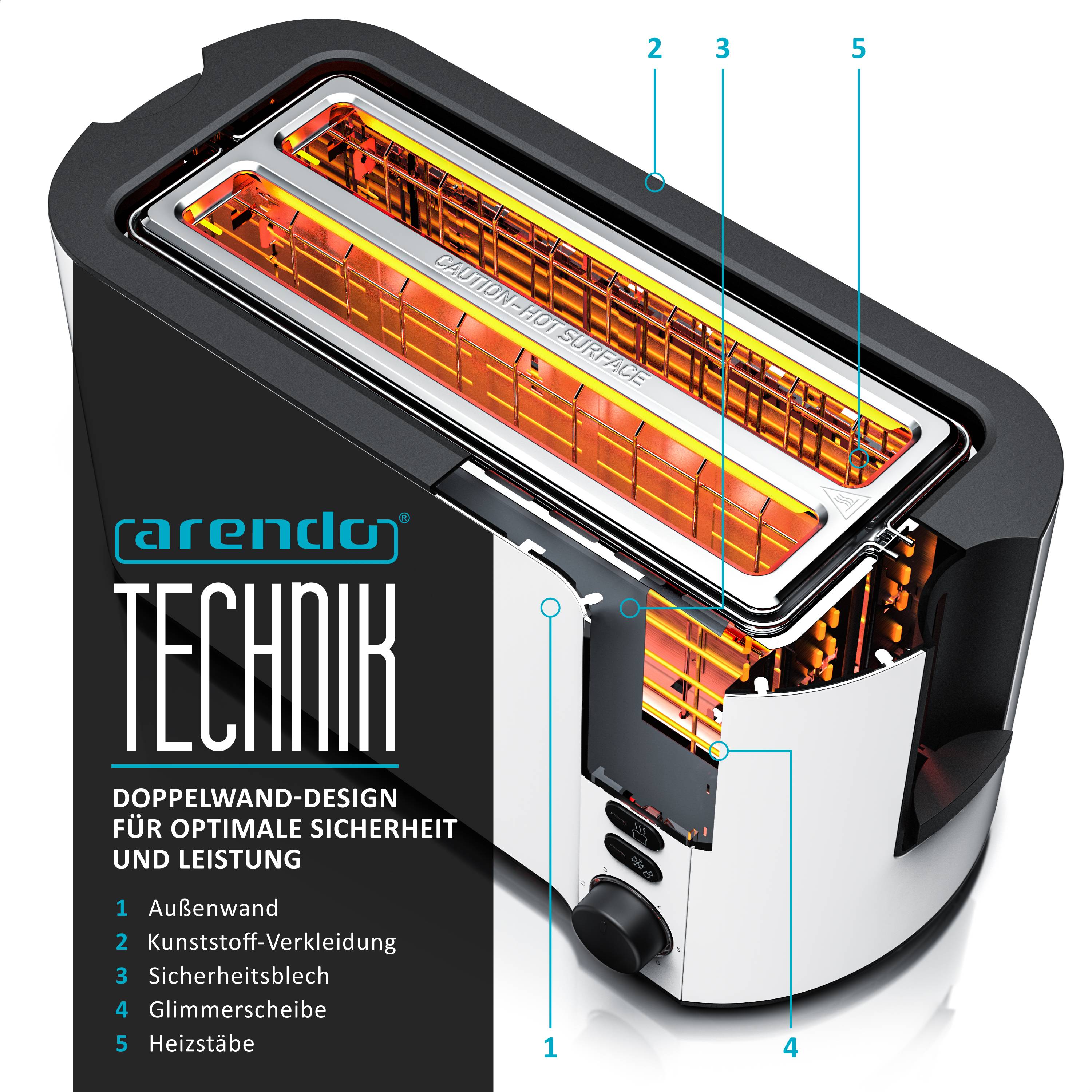 Arendo Langschlitz-Toaster für 4 Scheiben, Doppelwandgehäuse, integrierter Brötchenaufsatz, Bräunungsgrade 1-6