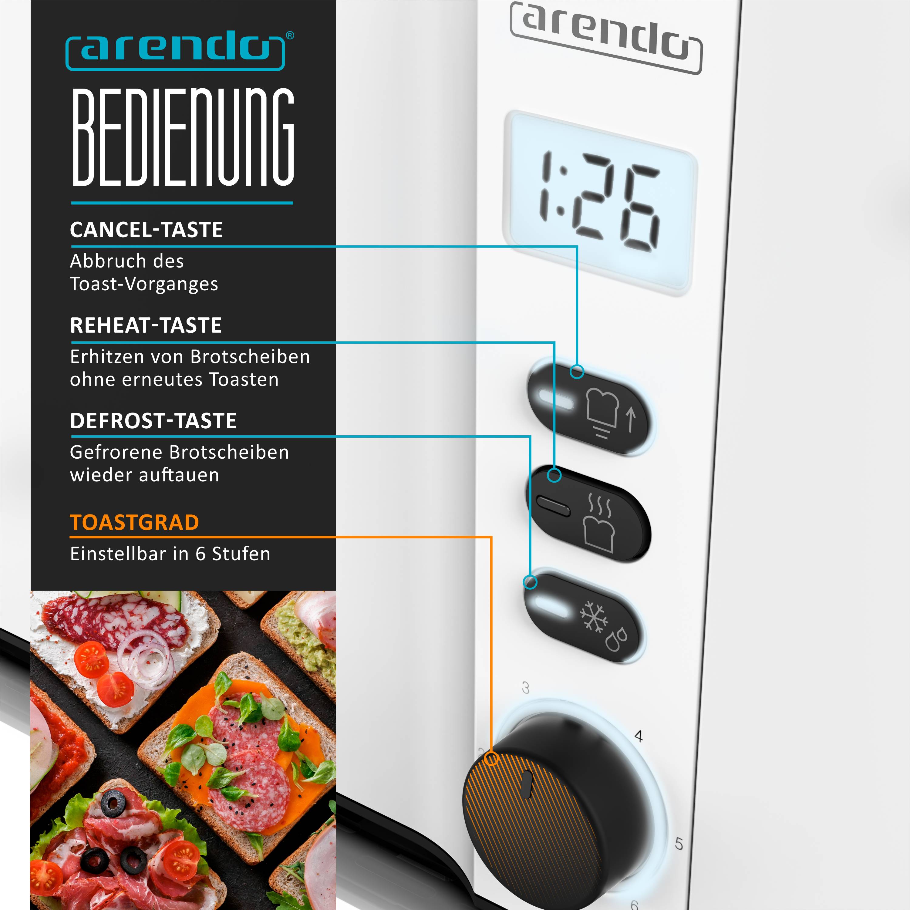 Arendo Langschlitz-Toaster für 4 Scheiben, Doppelwandgehäuse, integrierter Brötchenaufsatz, Bräunungsgrade 1-6