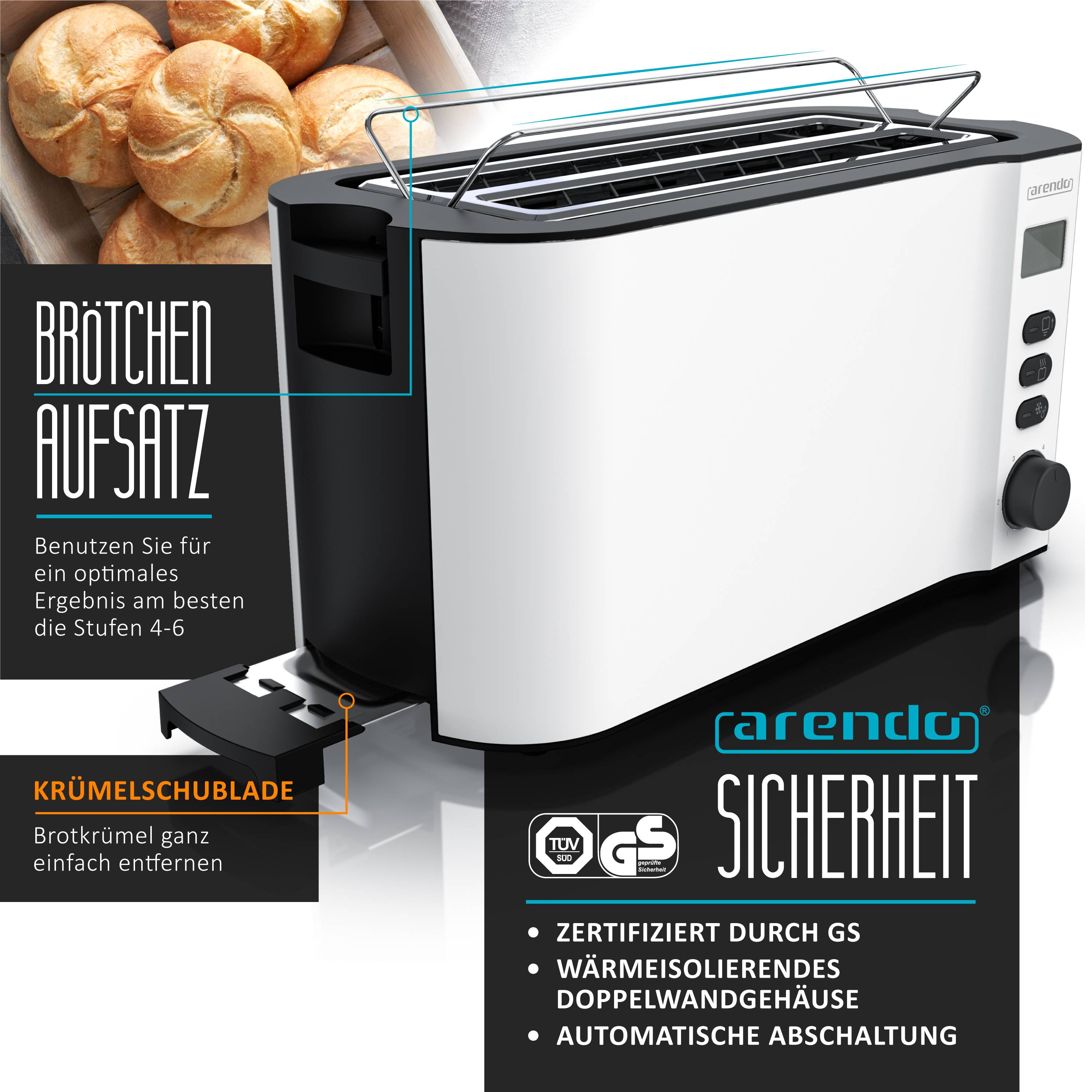 Arendo Langschlitz-Toaster für 4 Scheiben, Doppelwandgehäuse, integrierter Brötchenaufsatz, Bräunungsgrade 1-6