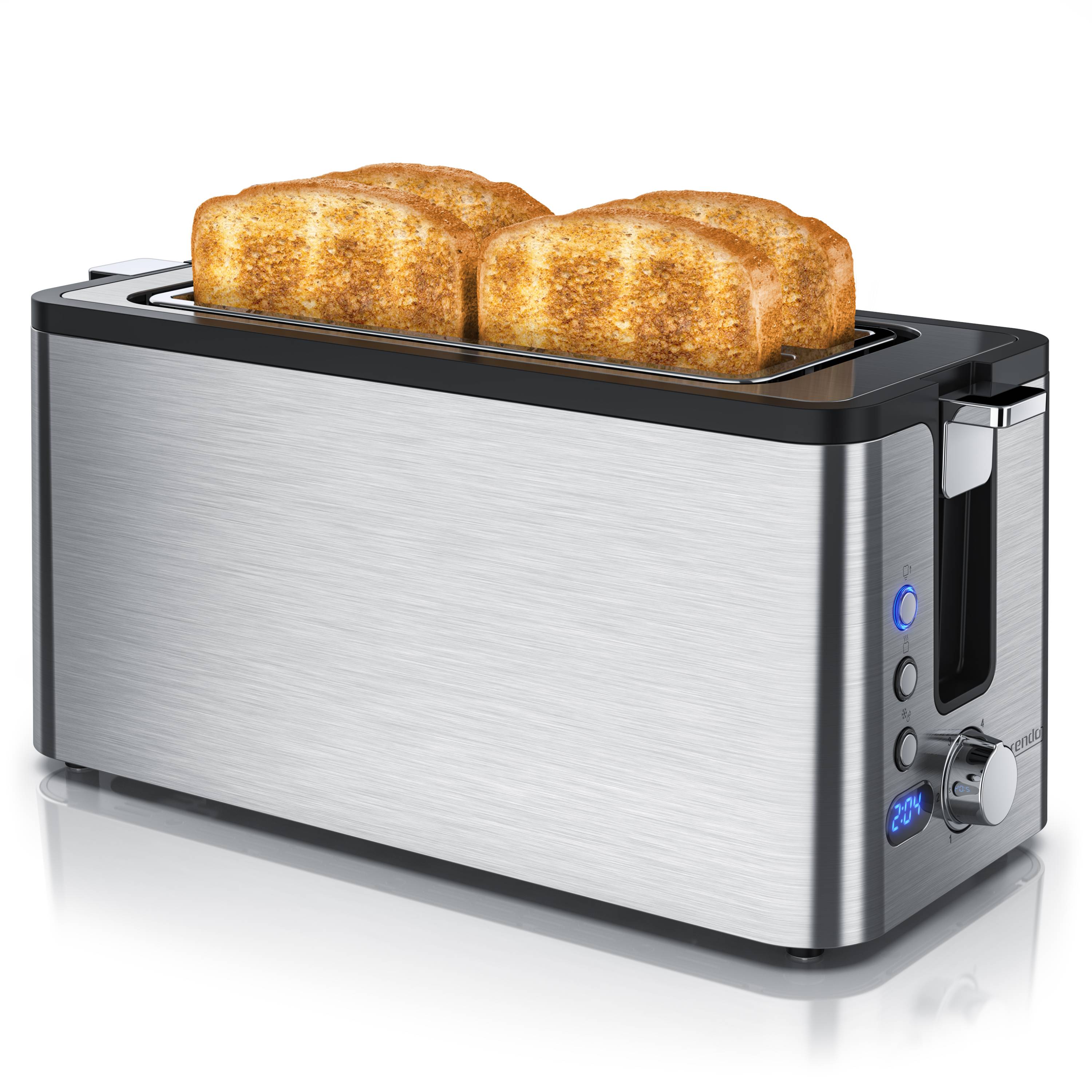 Arendo Langschlitz-Toaster für 4 Scheiben, Edelstahl, Auftaufunktion, wärmeisoliert, Brötchenaufsatz, Krümelschublade