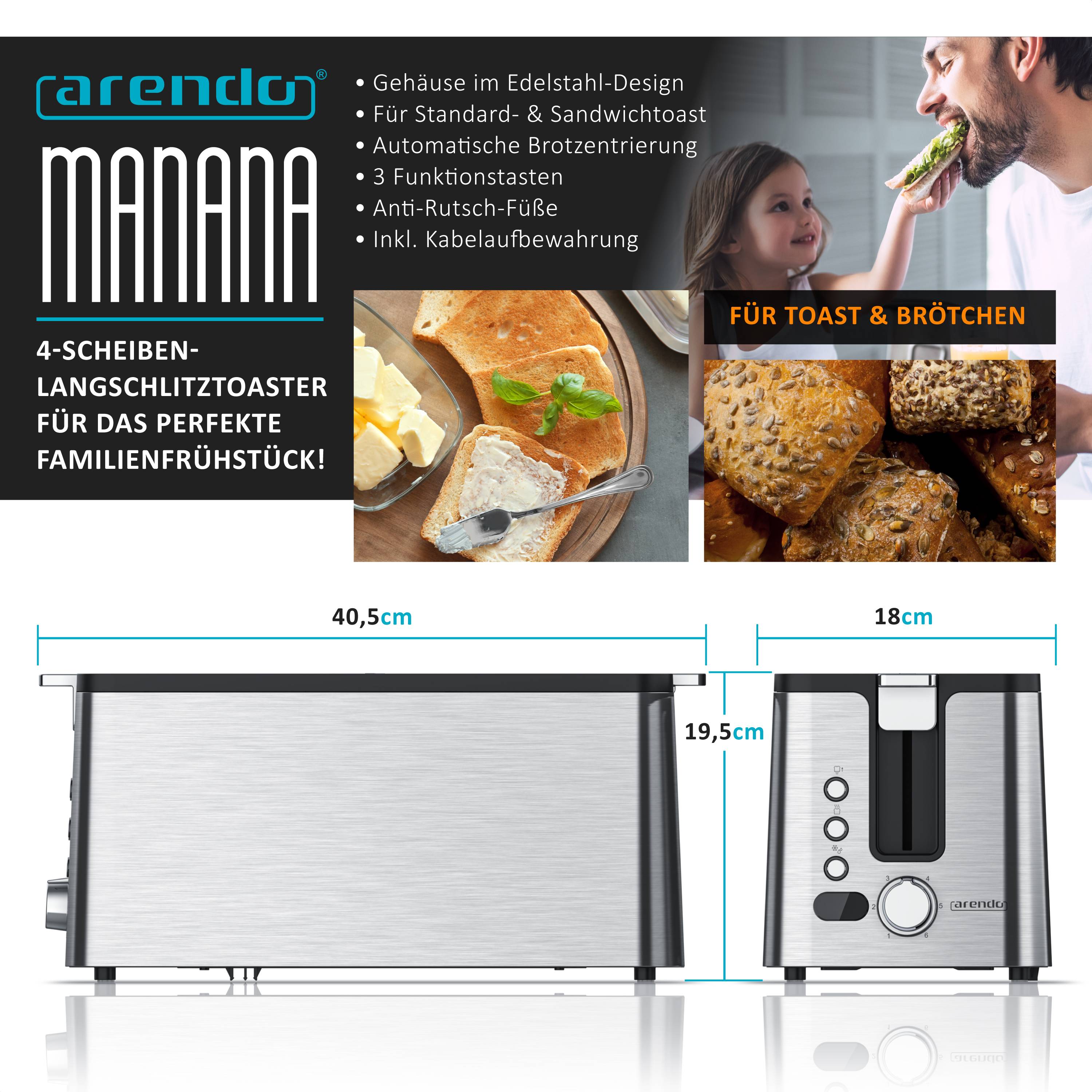Arendo Langschlitz-Toaster für 4 Scheiben, Edelstahl, Auftaufunktion, wärmeisoliert, Brötchenaufsatz, Krümelschublade