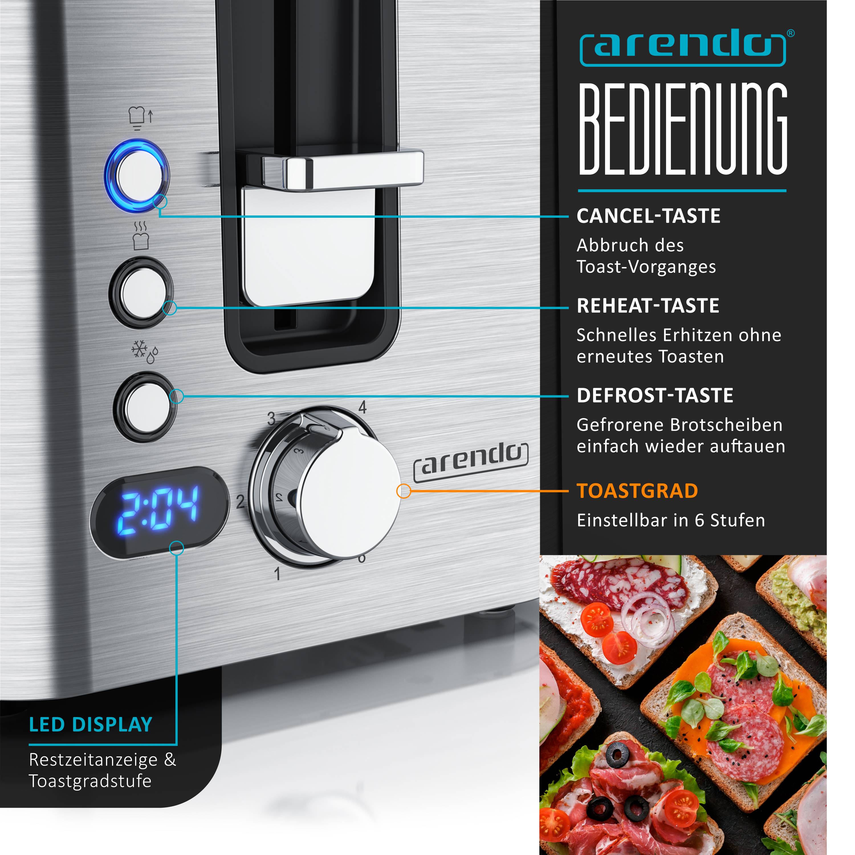 Arendo Langschlitz-Toaster für 4 Scheiben, Edelstahl, Auftaufunktion, wärmeisoliert, Brötchenaufsatz, Krümelschublade