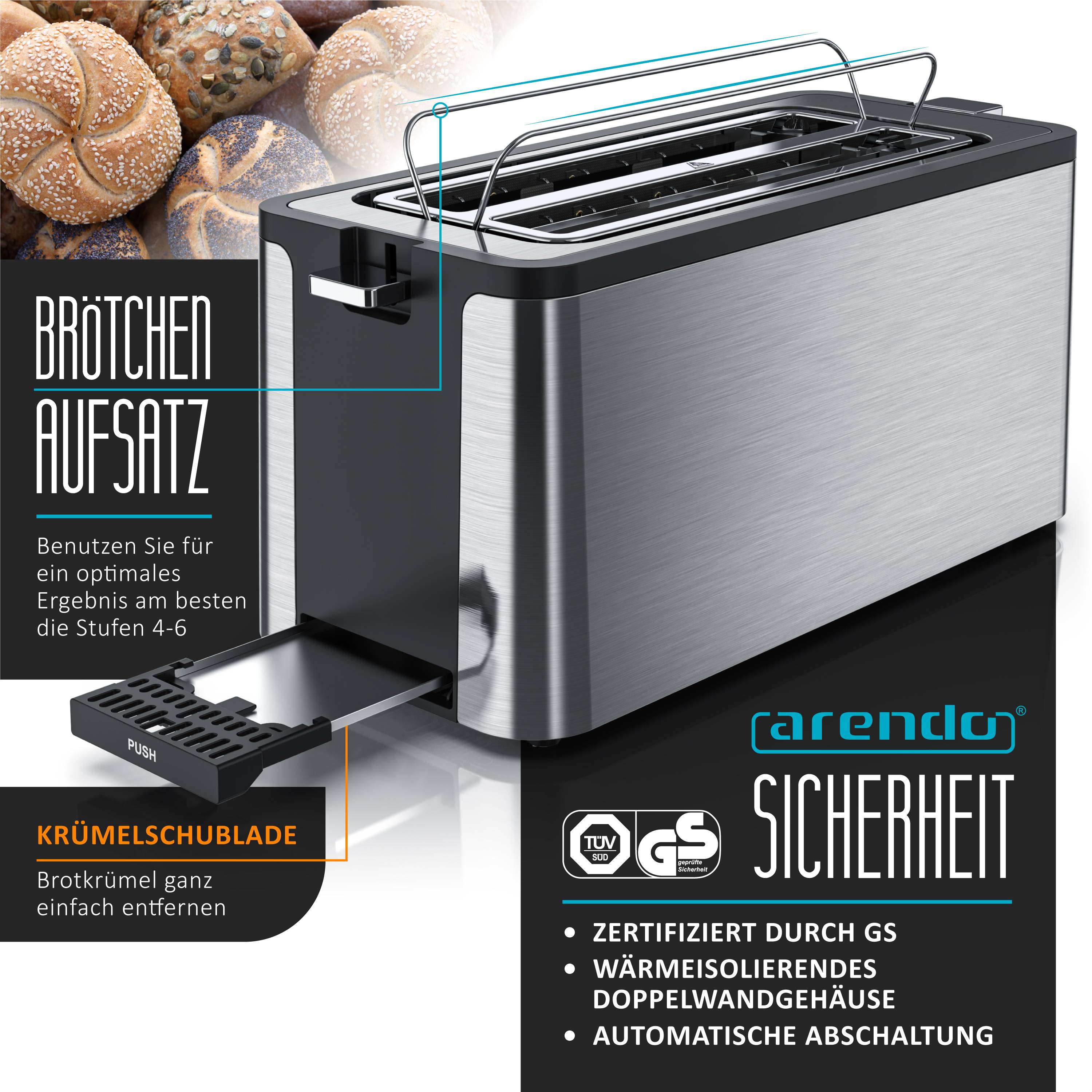 Arendo Langschlitz-Toaster für 4 Scheiben, Edelstahl, Auftaufunktion, wärmeisoliert, Brötchenaufsatz, Krümelschublade