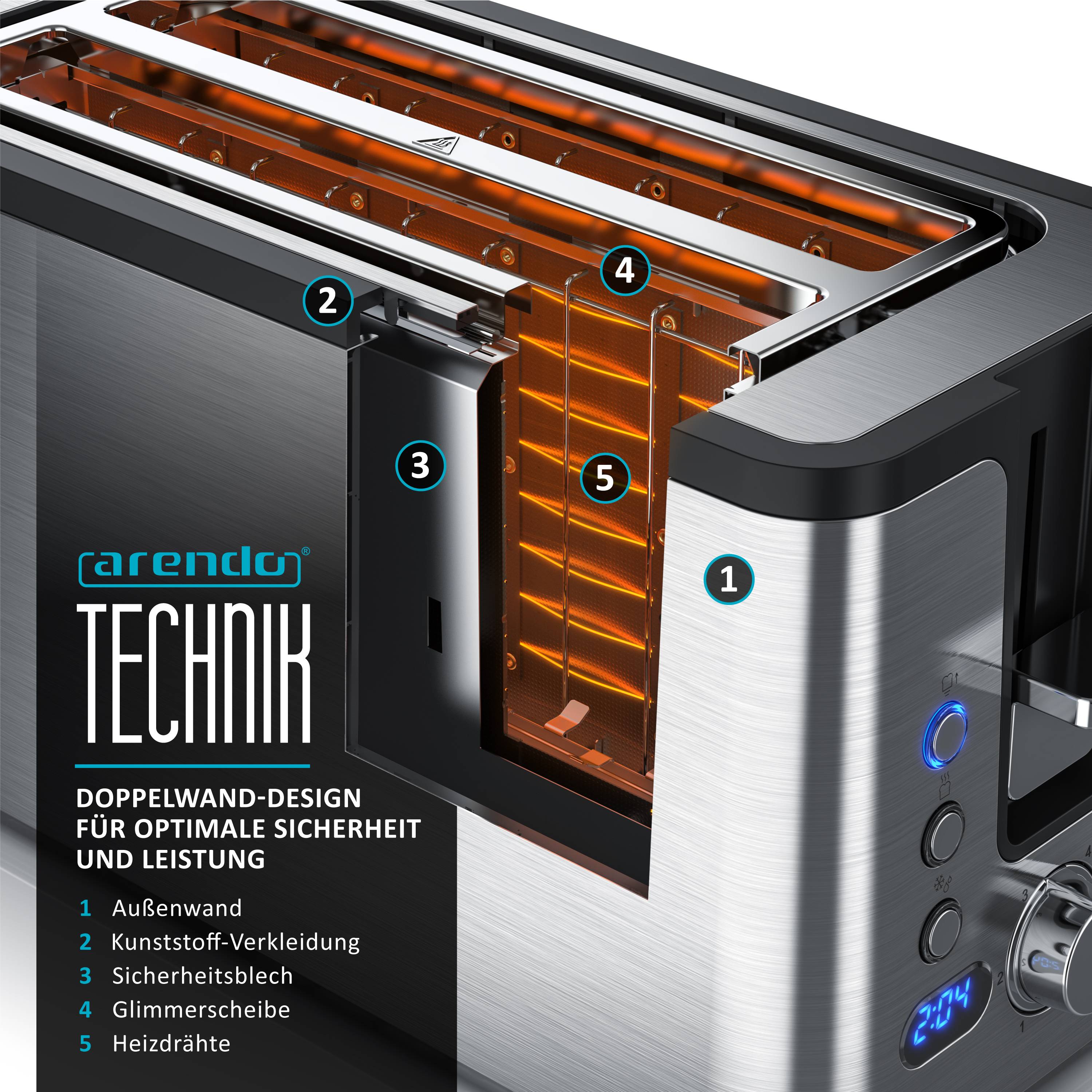 Arendo Langschlitz-Toaster für 4 Scheiben, Edelstahl, Auftaufunktion, wärmeisoliert, Brötchenaufsatz, Krümelschublade