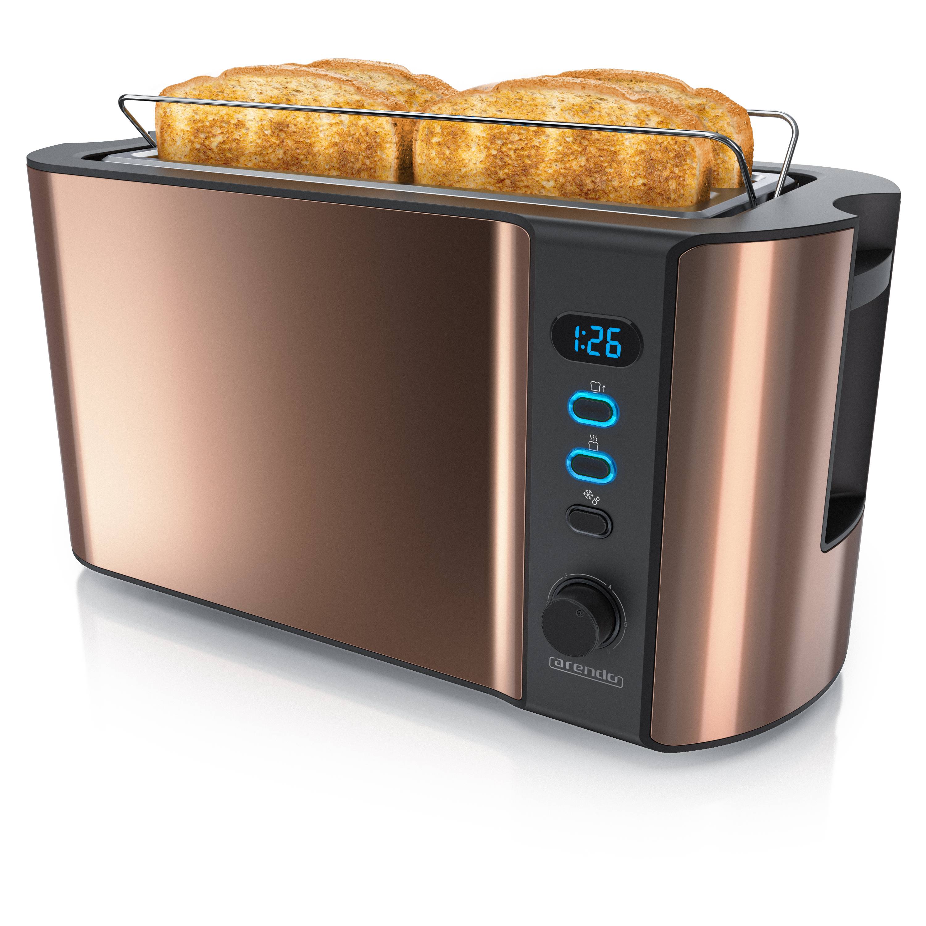 Arendo Toaster für 4 Scheiben, 1500 W, Langschlitz, Brötchenaufsatz, wärmeisoliert, Display, Kupfer, Edelstahl