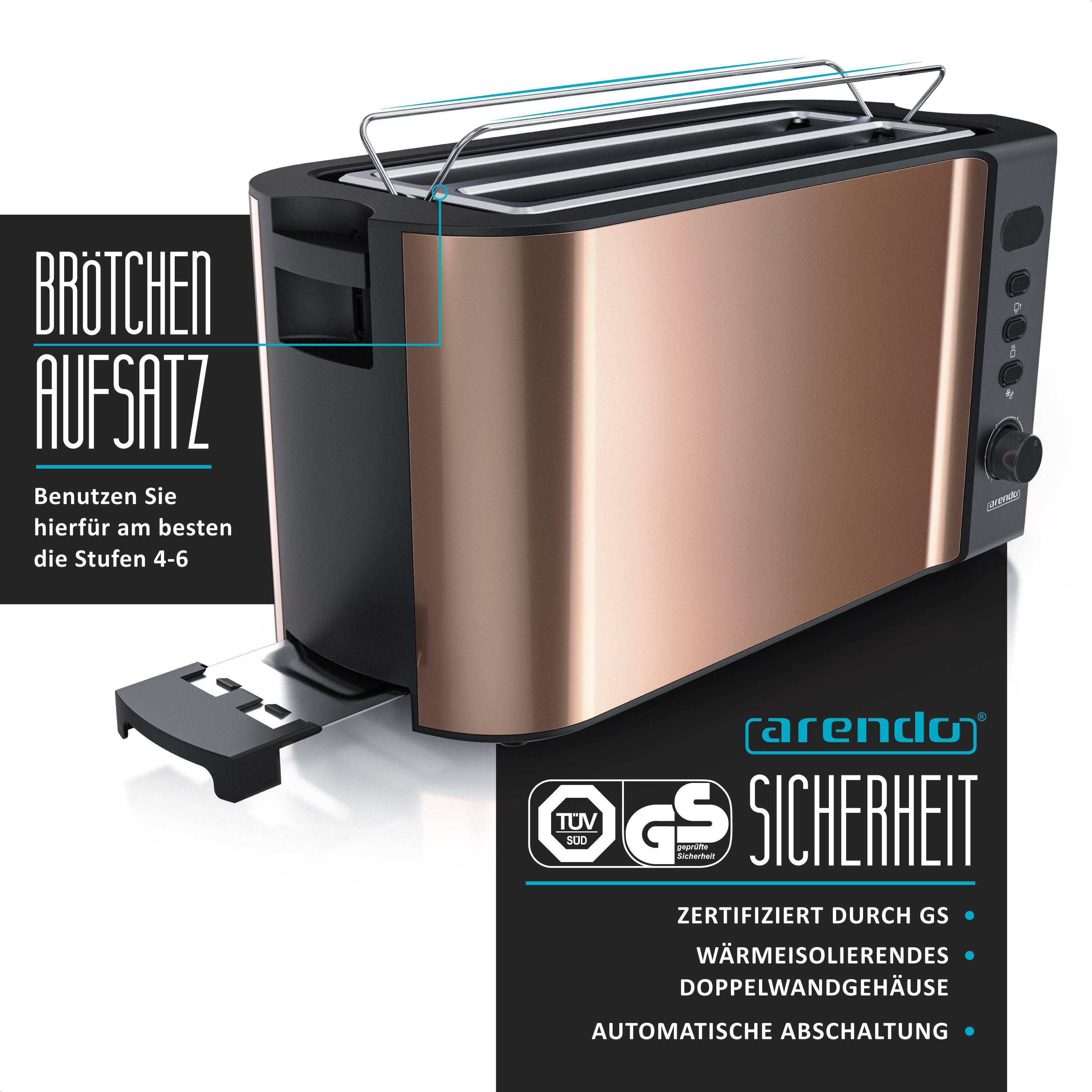 Arendo Toaster für 4 Scheiben, 1500 W, Langschlitz, Brötchenaufsatz, wärmeisoliert, Display, Kupfer, Edelstahl