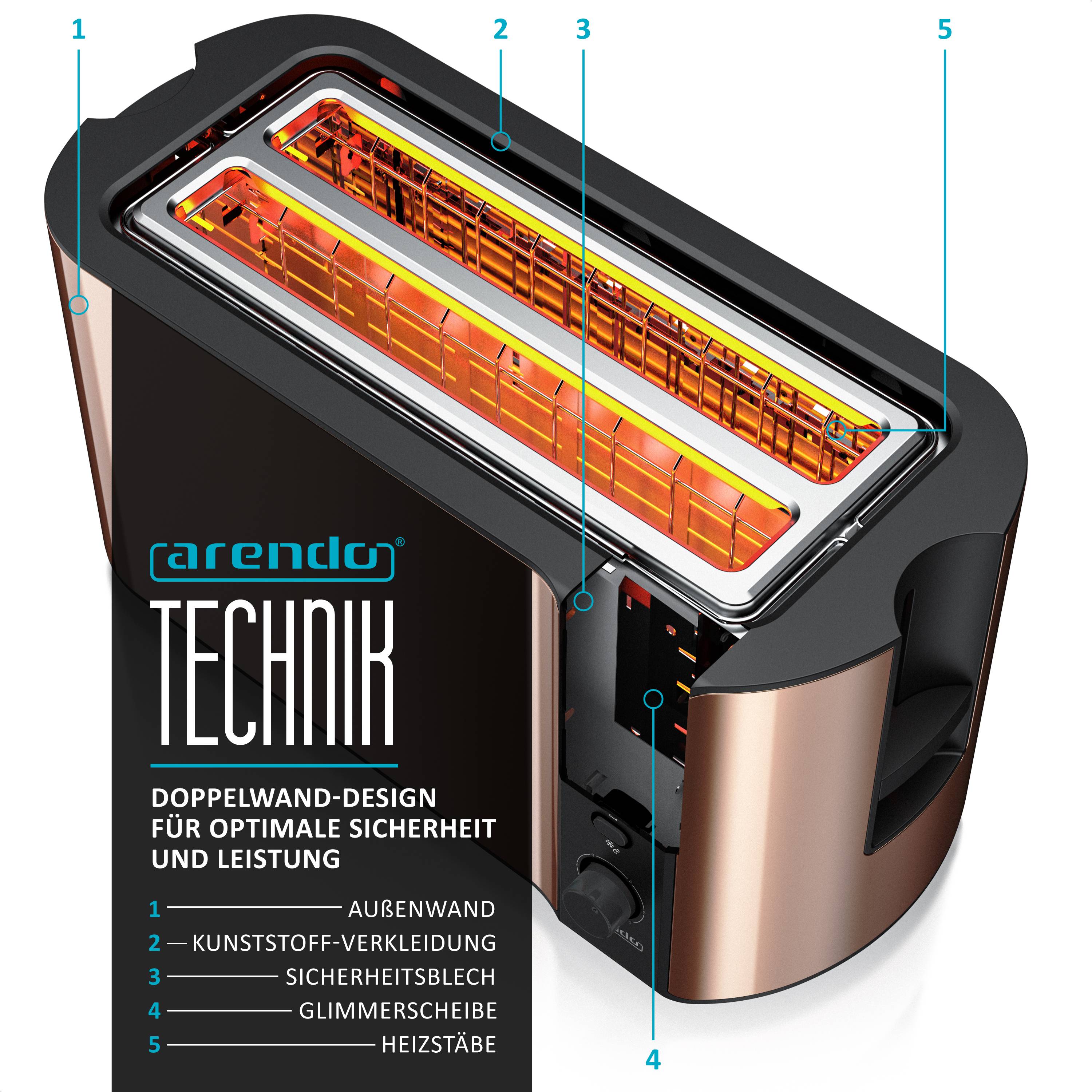 Arendo Toaster für 4 Scheiben, 1500 W, Langschlitz, Brötchenaufsatz, wärmeisoliert, Display, Kupfer, Edelstahl