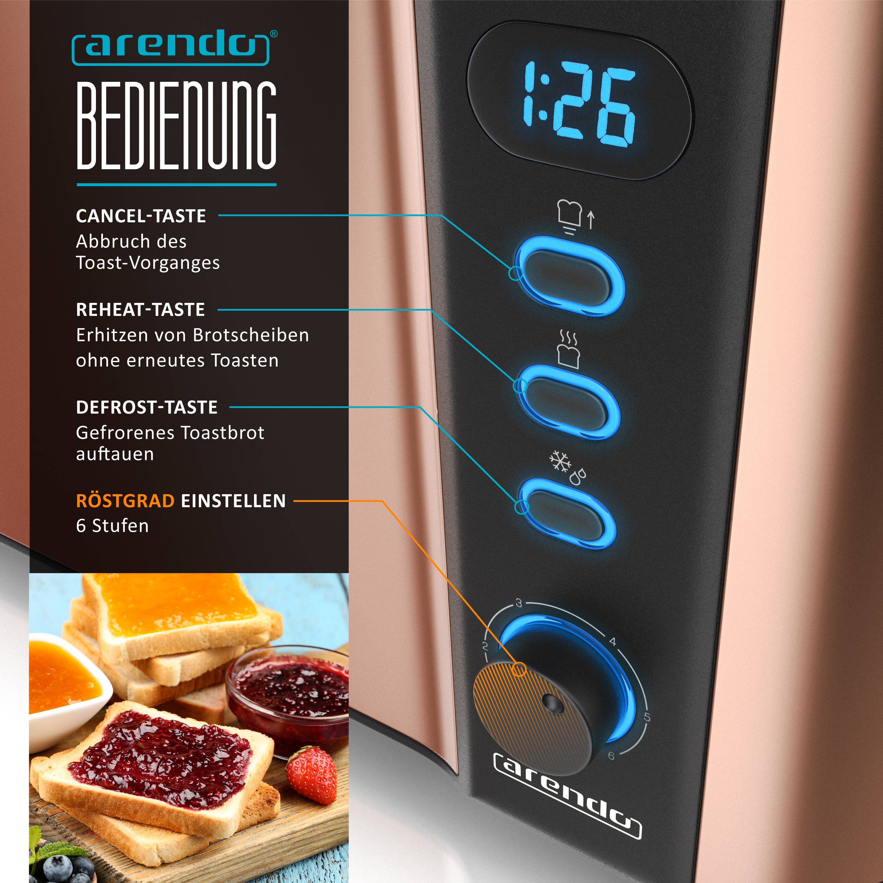 Arendo Toaster für 4 Scheiben, 1500 W, Langschlitz, Brötchenaufsatz, wärmeisoliert, Display, Kupfer, Edelstahl