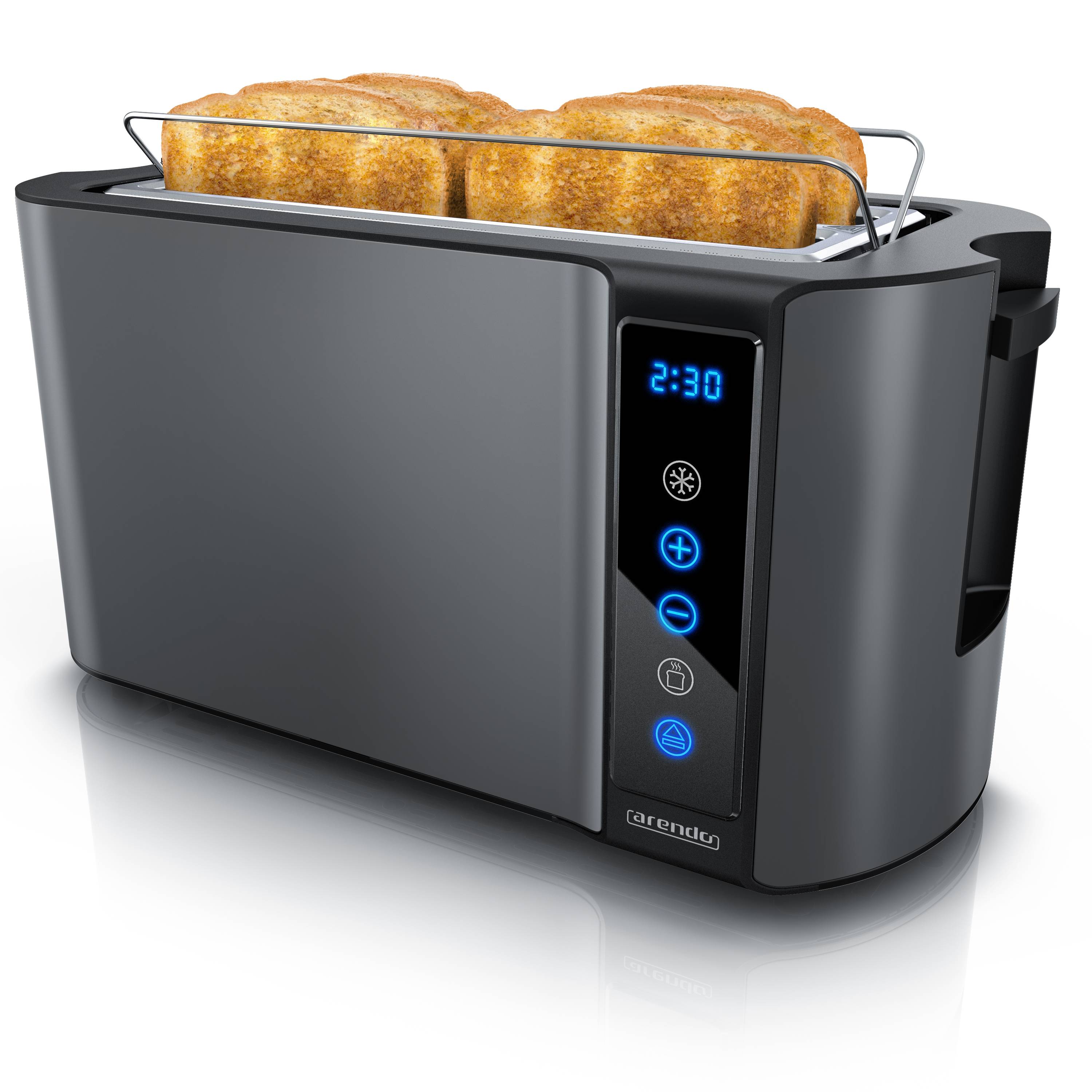 Arendo Langschlitz Toaster mit 2 Röstkammern und Brötchenaufsatz, wärmeisoliertes Gehäuse, Display, Touch, grau, 1500 W