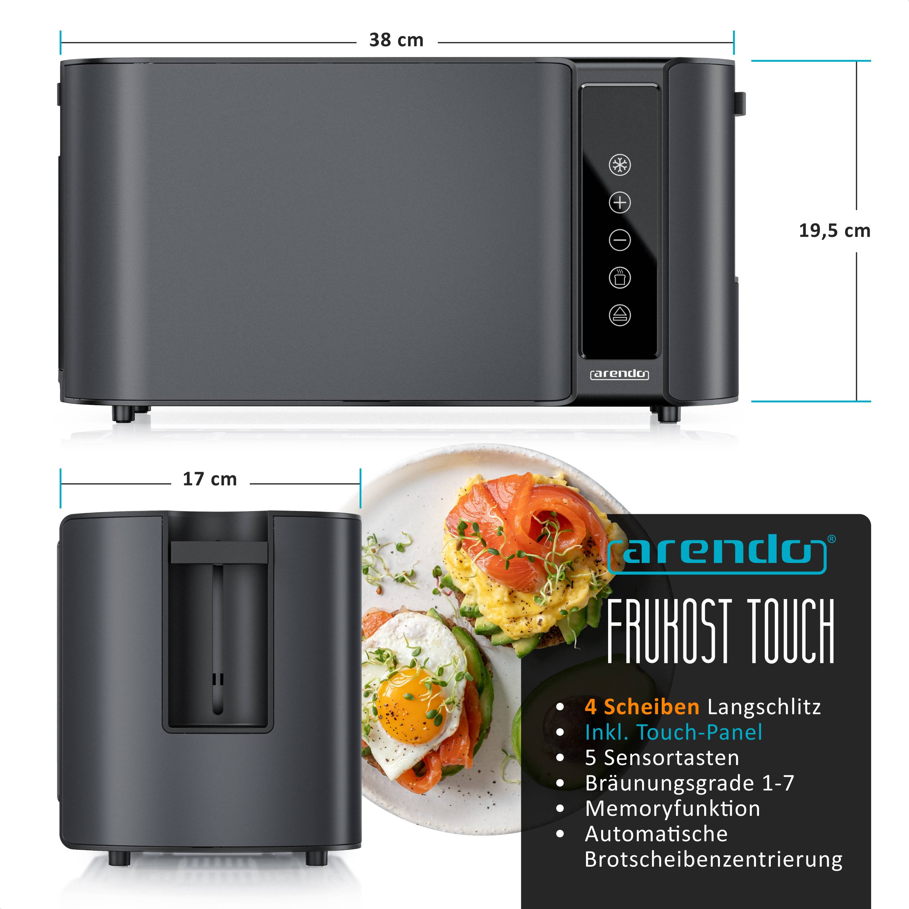Arendo Langschlitz Toaster mit 2 Röstkammern und Brötchenaufsatz, wärmeisoliertes Gehäuse, Display, Touch, grau, 1500 W