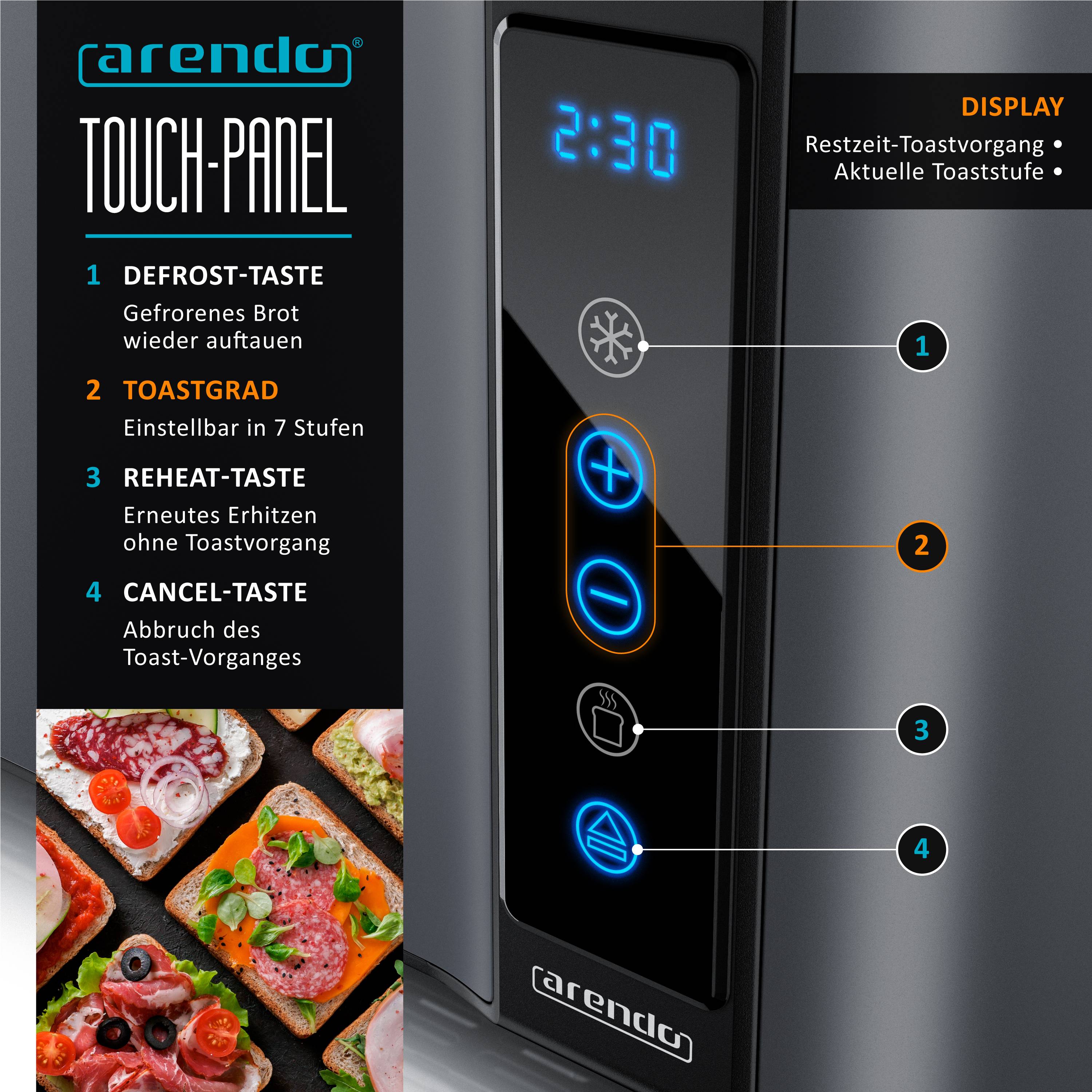 Arendo Langschlitz Toaster mit 2 Röstkammern und Brötchenaufsatz, Wärmeisoliertes Gehäuse, Display, Touch, Grau