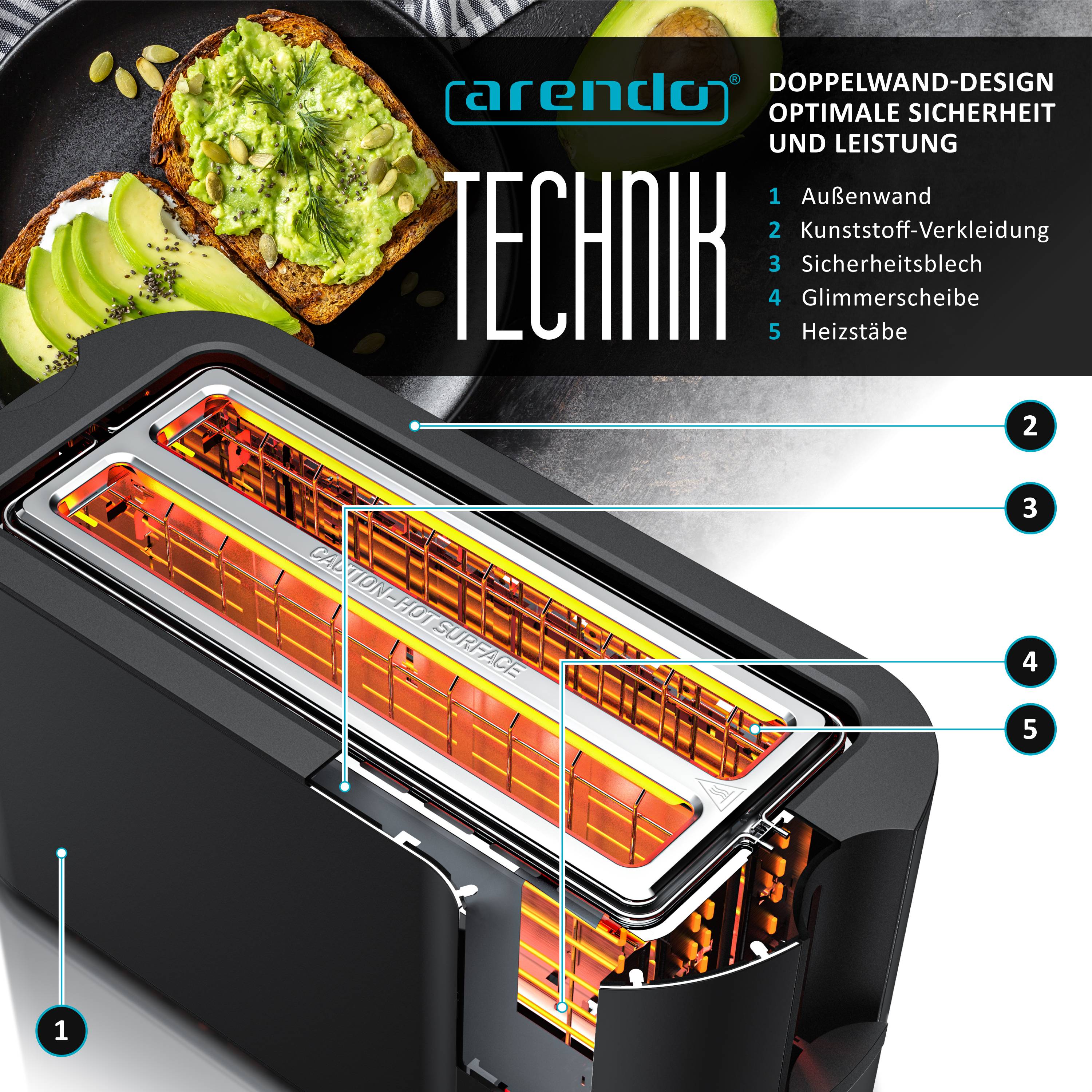Arendo Langschlitz Toaster mit 2 Röstkammern und Brötchenaufsatz, wärmeisoliertes Gehäuse, Display, Touch, grau, 1500 W