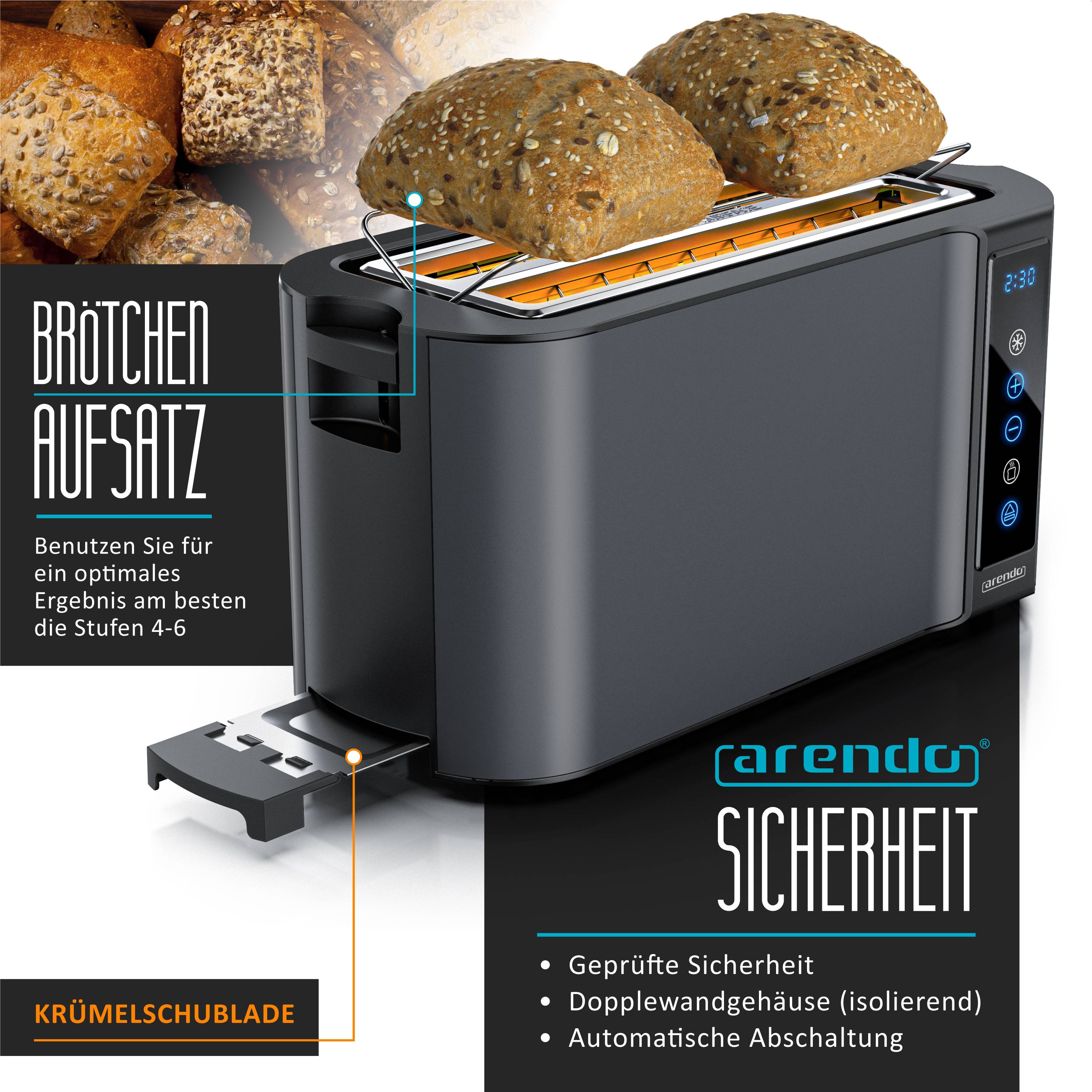 Arendo Langschlitz Toaster mit 2 Röstkammern und Brötchenaufsatz, Wärmeisoliertes Gehäuse, Display, Touch, Grau
