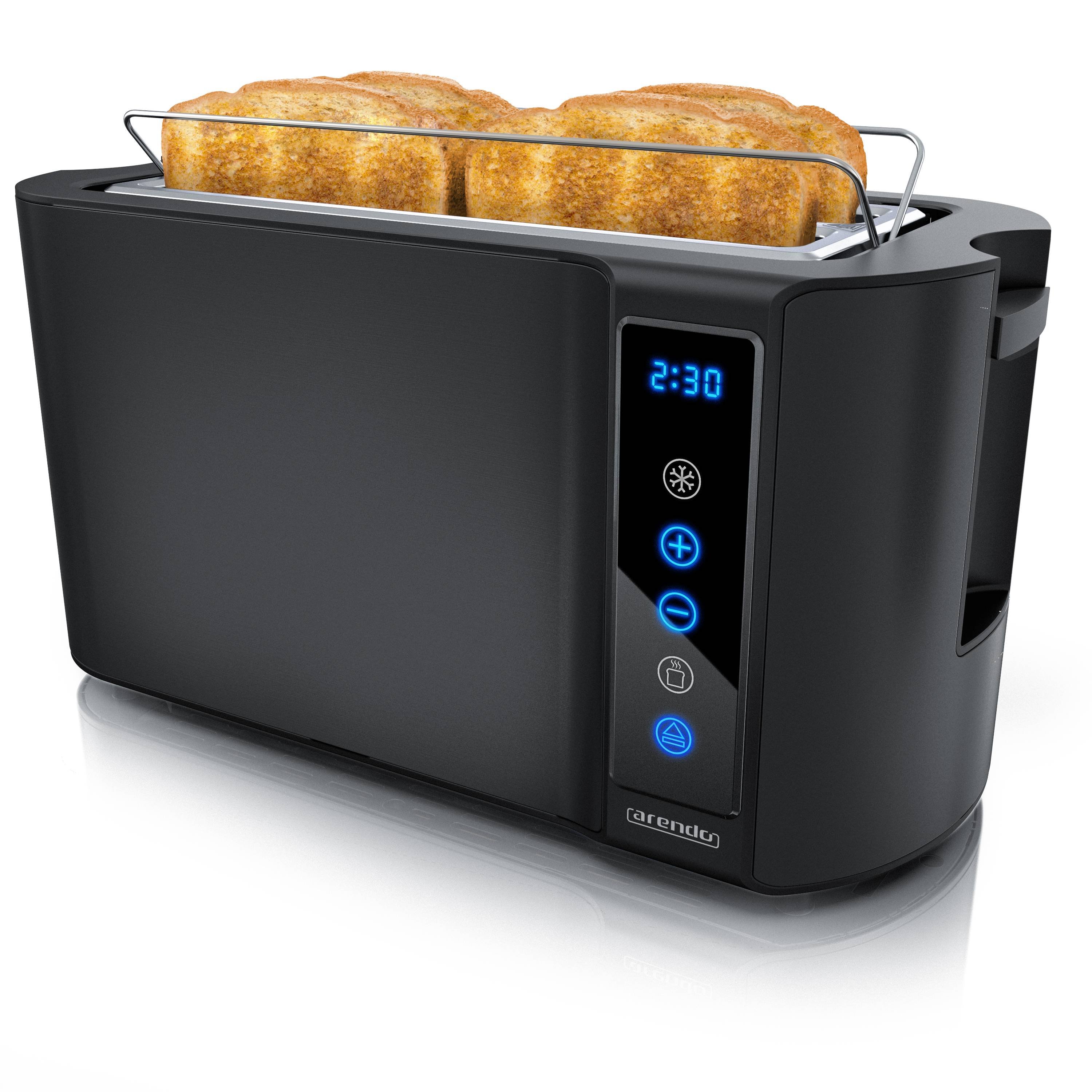 Arendo Toaster für 4 Scheiben Langschlitz 1500 W, Brötchenaufsatz, wärmeisoliert, Display, Touch, schwarz, Edelstahl