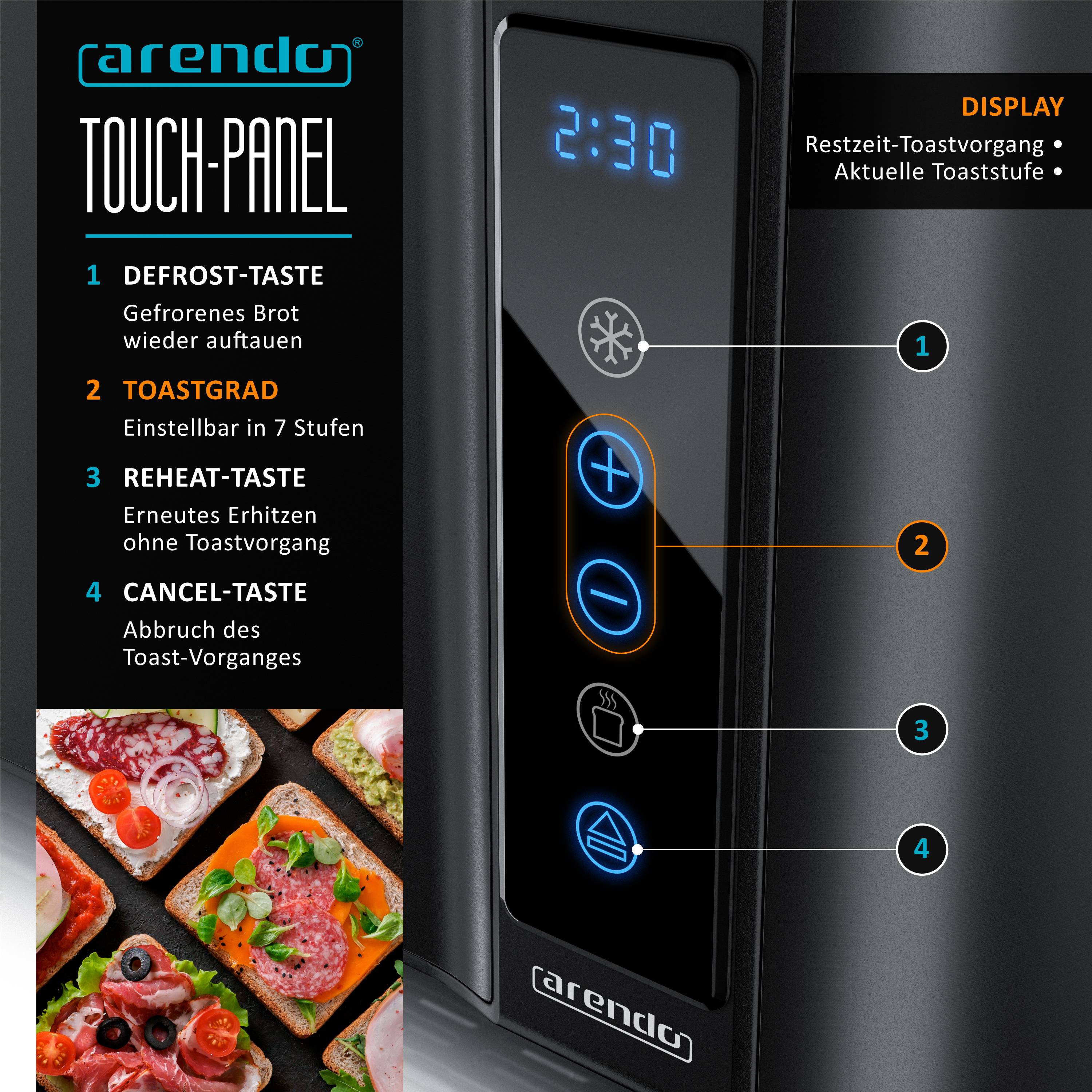 Arendo Toaster für 4 Scheiben Langschlitz 1500 W, Brötchenaufsatz, wärmeisoliert, Display, Touch, schwarz, Edelstahl