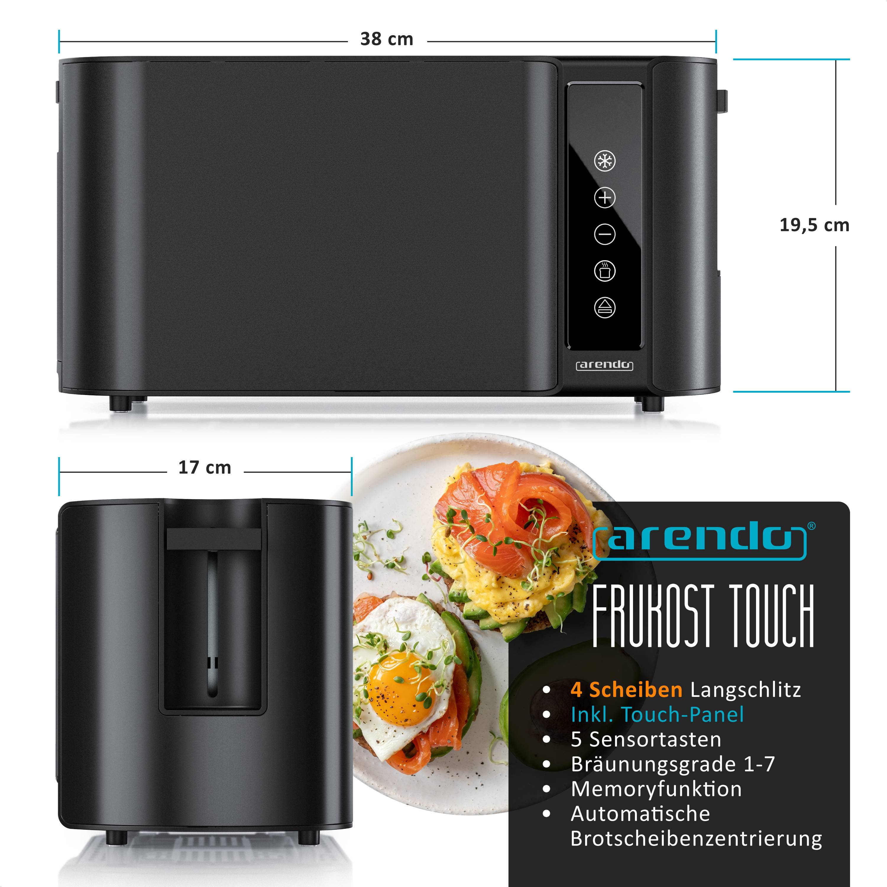 Arendo Toaster für 4 Scheiben Langschlitz 1500 W, Brötchenaufsatz, wärmeisoliert, Display, Touch, schwarz, Edelstahl