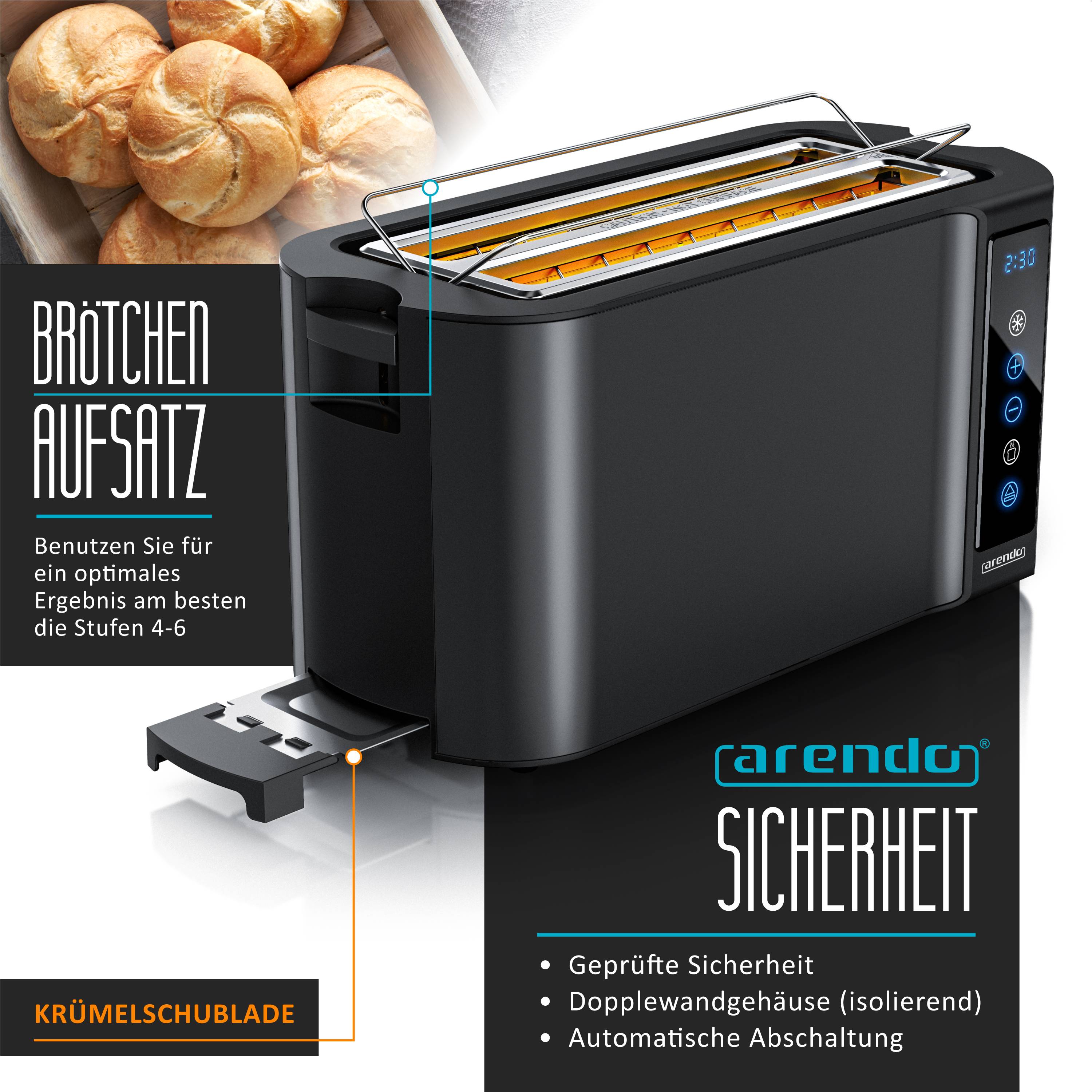 Arendo Toaster für 4 Scheiben Langschlitz 1500 W, Brötchenaufsatz, wärmeisoliert, Display, Touch, schwarz, Edelstahl