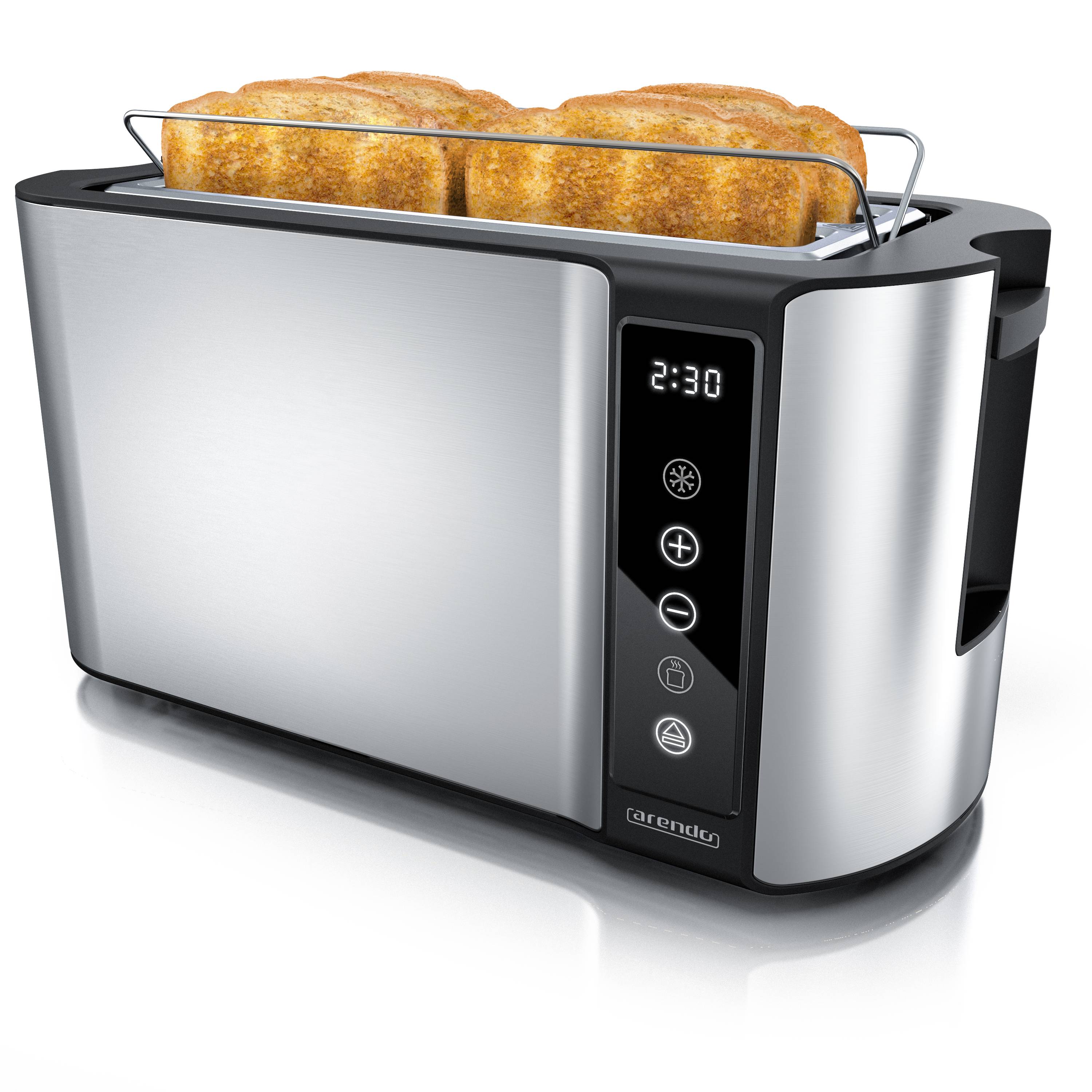Arendo Toaster für 4 Scheiben Langschlitz 1500 W, Brötchenaufsatz, wärmeisoliert, Display, Touch, silber, Edelstahl