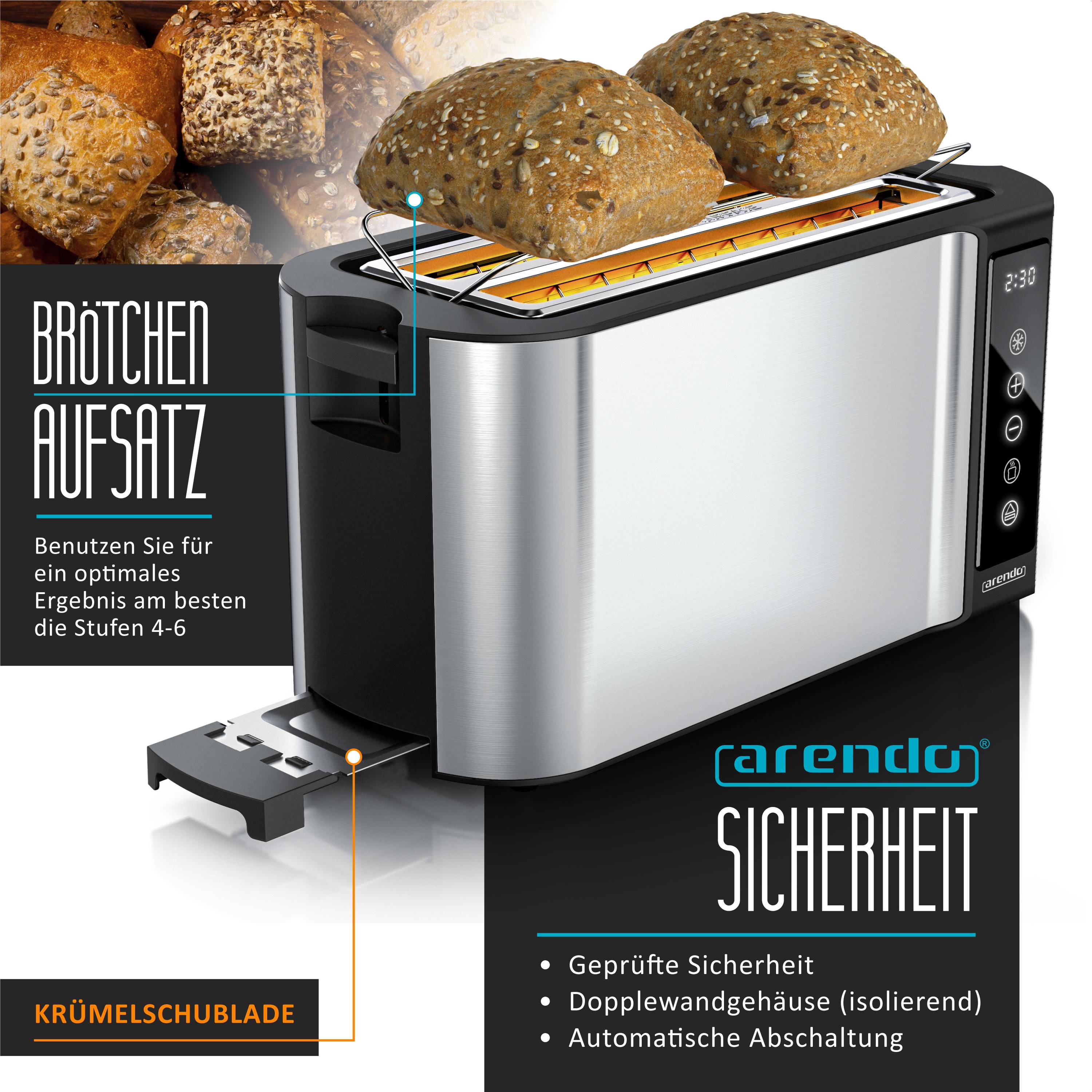 Arendo Toaster für 4 Scheiben Langschlitz 1500 W, Brötchenaufsatz, wärmeisoliert, Display, Touch, silber, Edelstahl