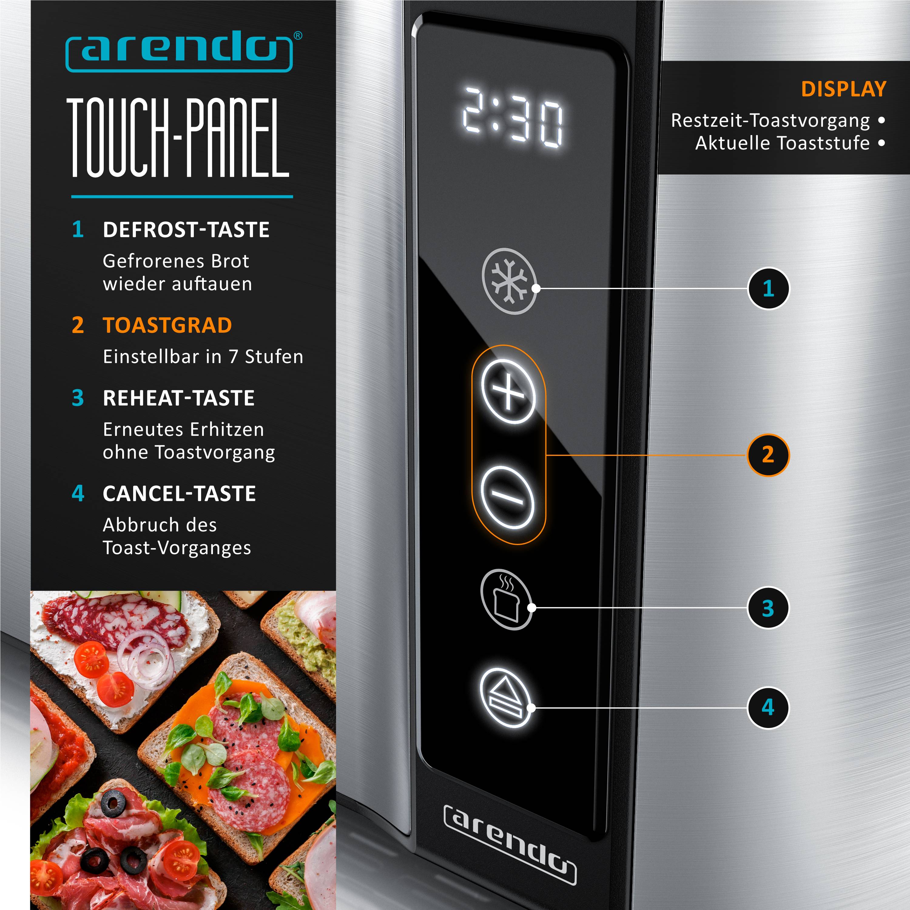 Arendo Toaster für 4 Scheiben Langschlitz 1500 W, Brötchenaufsatz, wärmeisoliert, Display, Touch, silber, Edelstahl