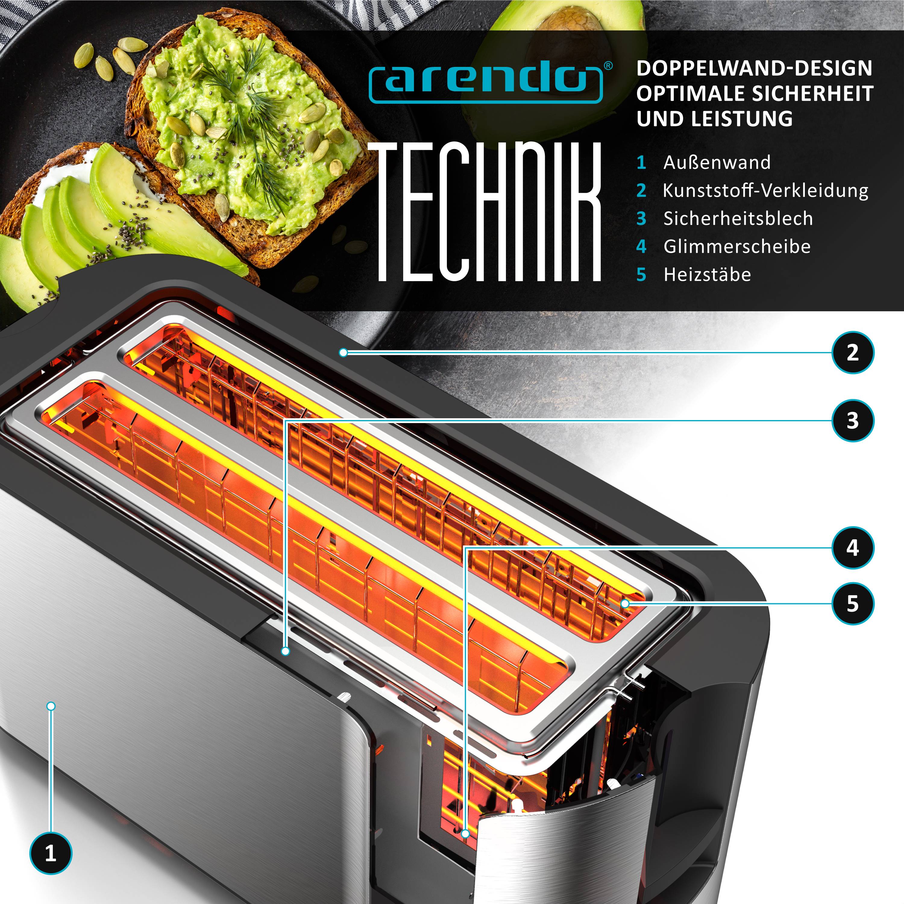 Arendo Toaster für 4 Scheiben Langschlitz 1500 W, Brötchenaufsatz, wärmeisoliert, Display, Touch, silber, Edelstahl