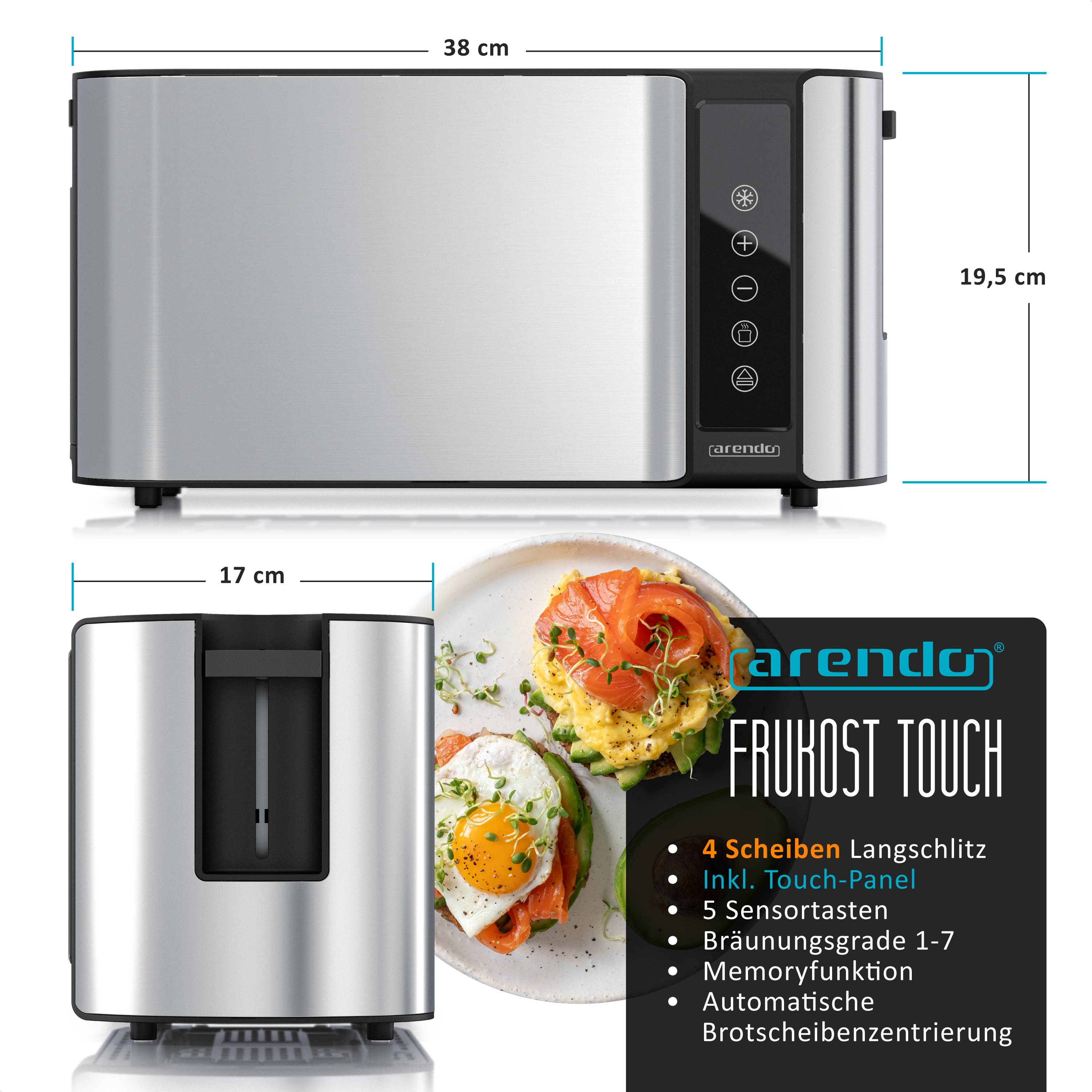 Arendo Toaster für 4 Scheiben Langschlitz 1500 W, Brötchenaufsatz, wärmeisoliert, Display, Touch, silber, Edelstahl