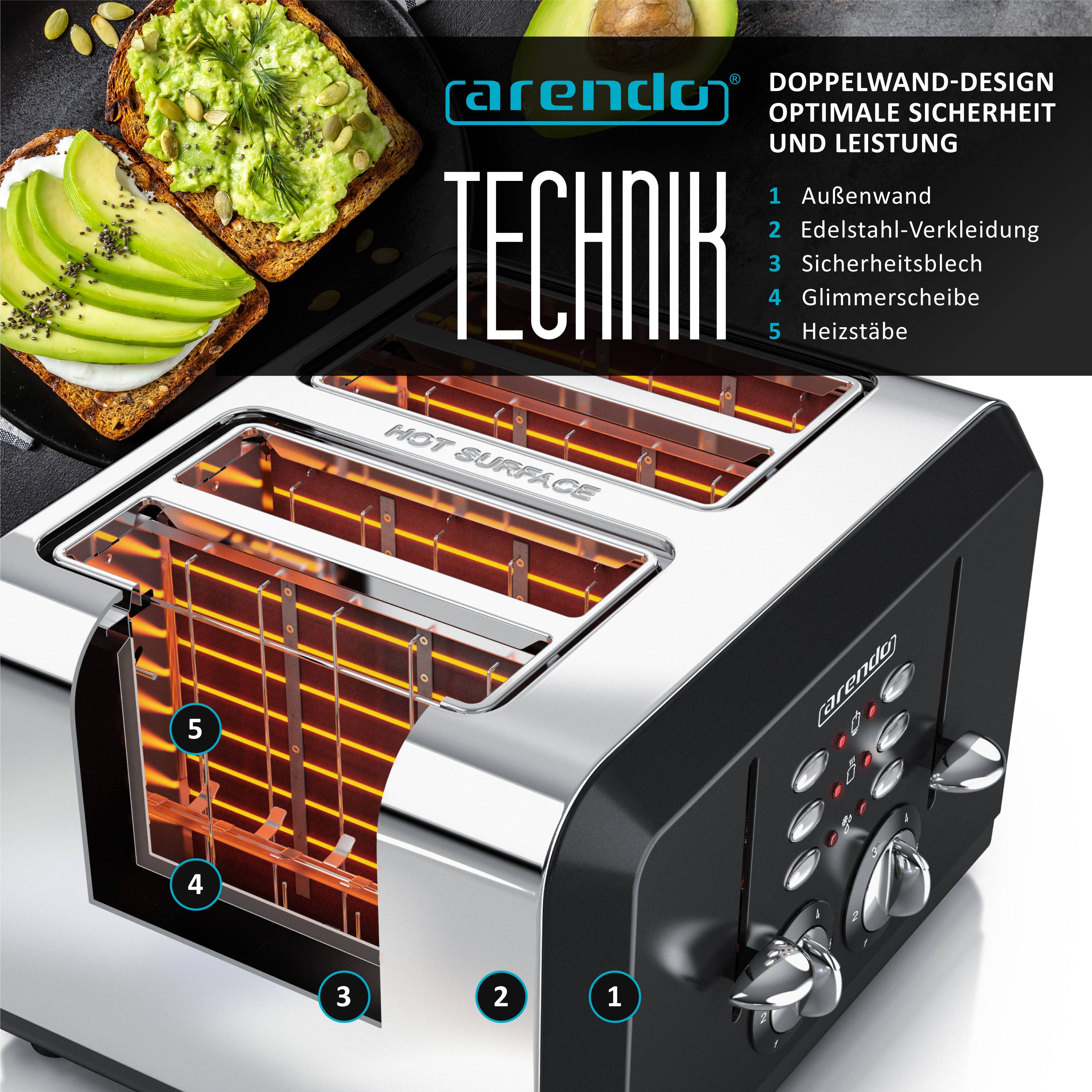 Arendo Automatik Toaster 4-Scheiben in Edelstahl, bis zu vier Sandwich und Toast-Scheiben, Bräunungsgrad 1-6, 1630 W