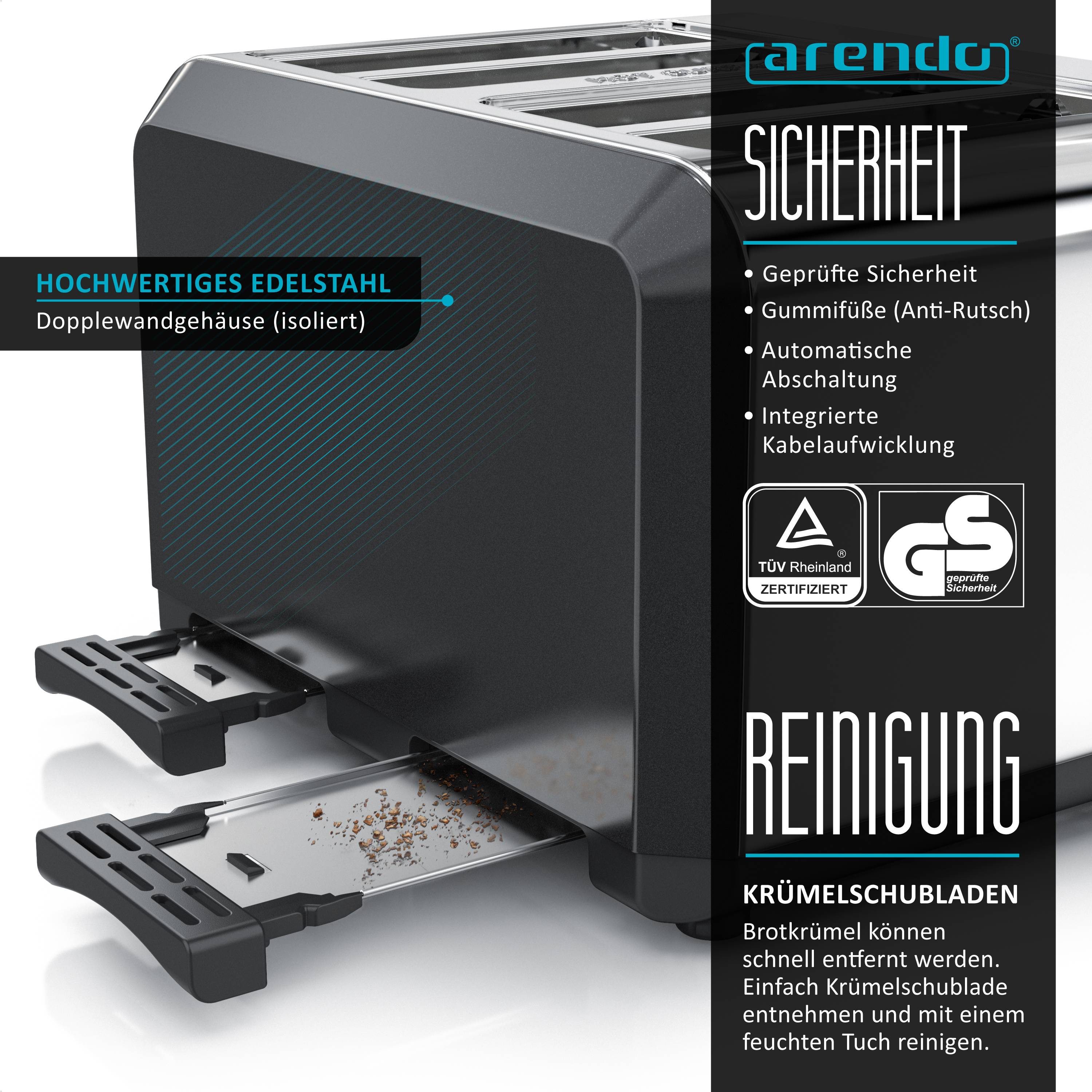 Arendo - Automatik Toaster 4 Scheiben in Edelstahl - bis zu vier Sandwich und Toast-Scheiben - Bräunungsgrad 1-6