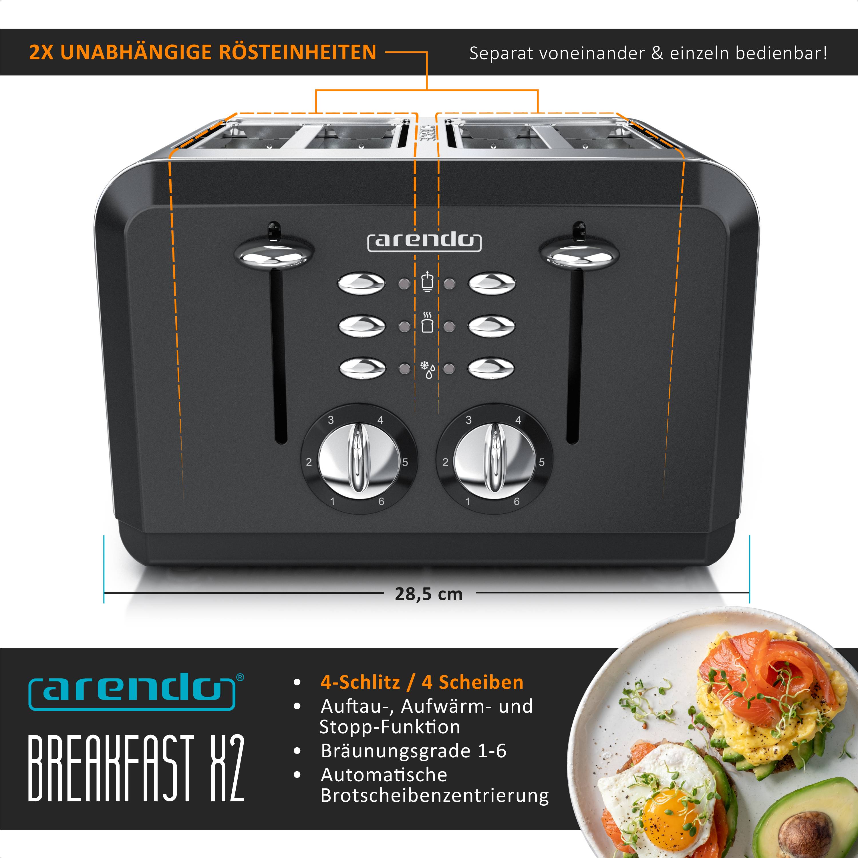 Arendo Automatik Toaster 4-Scheiben in Edelstahl, bis zu vier Sandwich und Toast-Scheiben, Bräunungsgrad 1-6, 1630 W