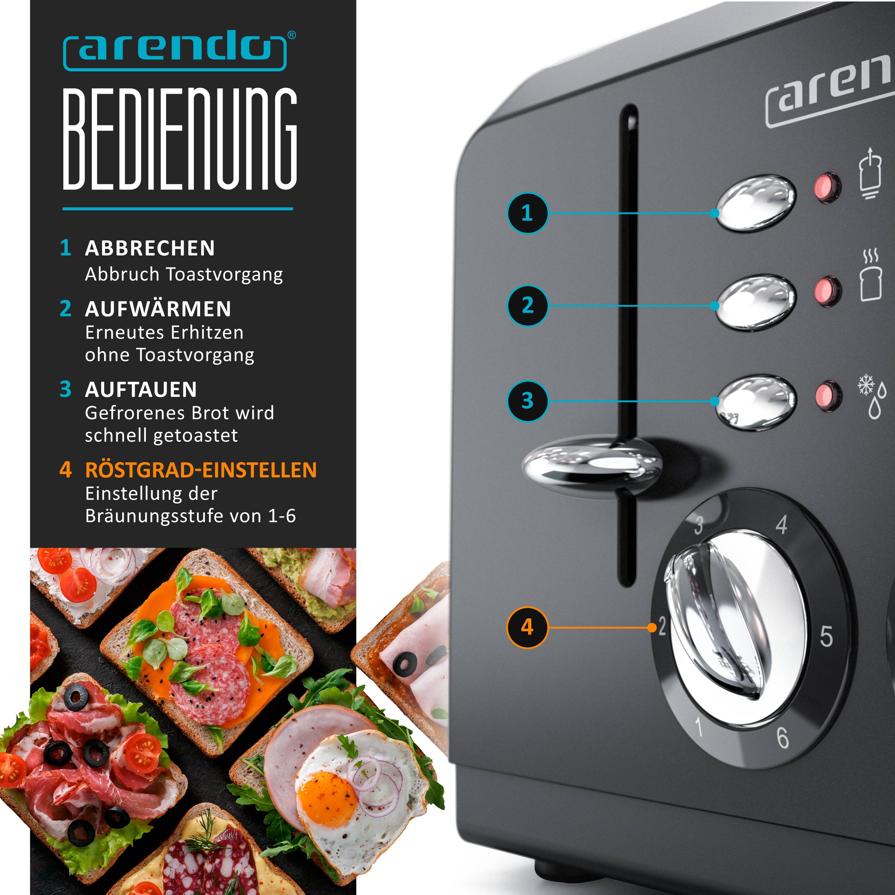 Arendo Automatik Toaster 4-Scheiben in Edelstahl, bis zu vier Sandwich und Toast-Scheiben, Bräunungsgrad 1-6, 1630 W