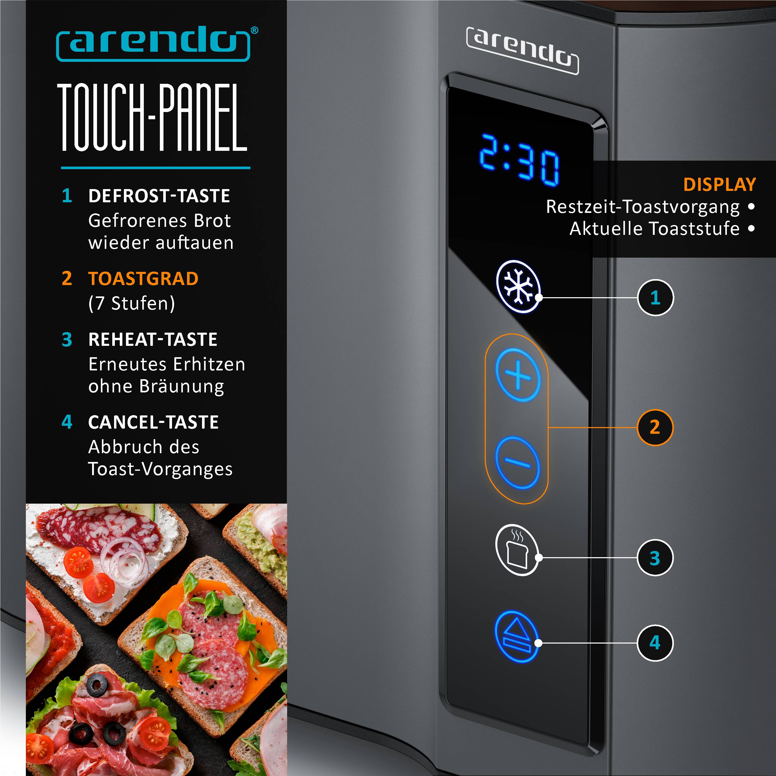 Arendo Toaster Kurzschlitz, Brötchenaufsatz, Wärmeisoliertes Gehäuse, Display, Touch