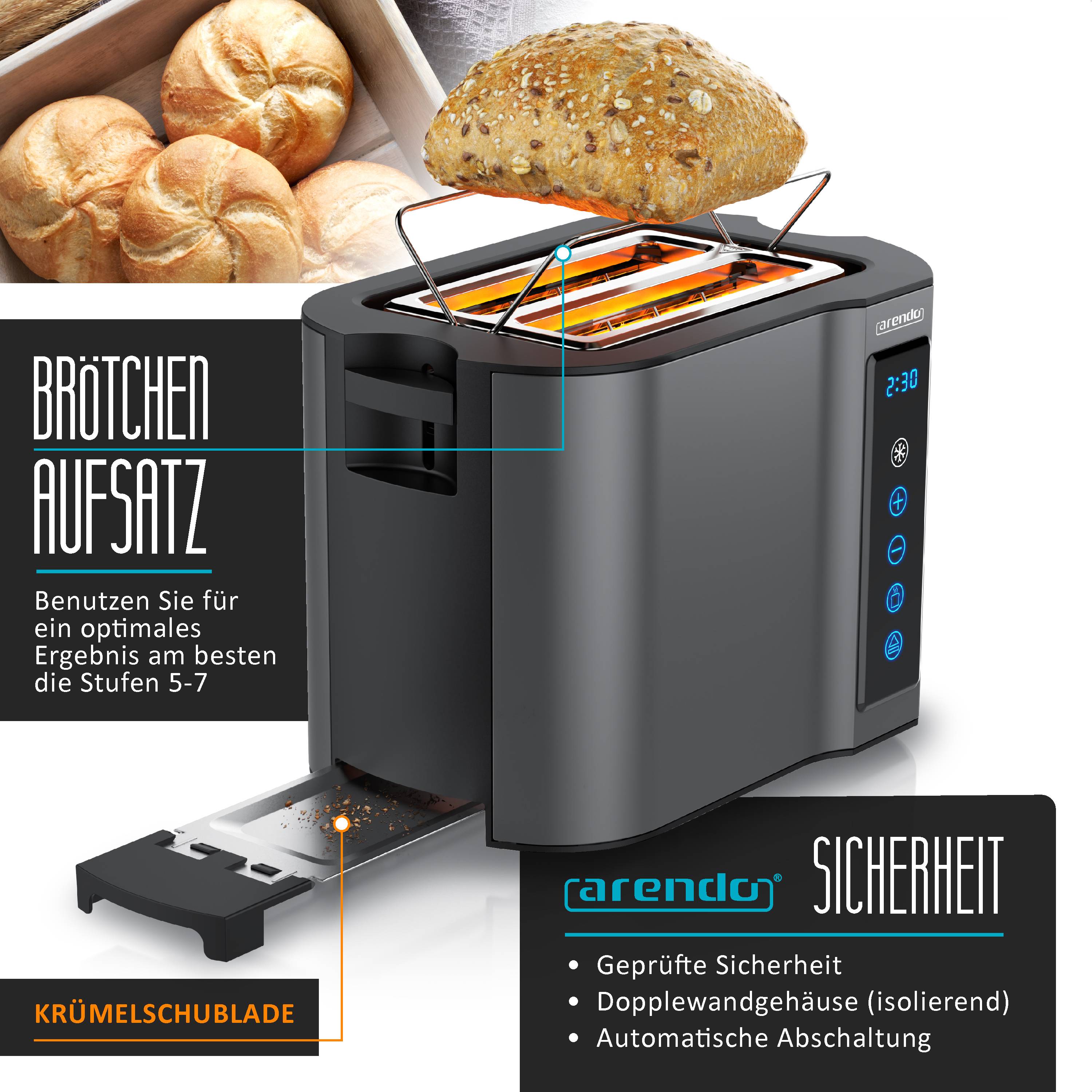 Arendo Toaster Kurzschlitz, Brötchenaufsatz, Wärmeisoliertes Gehäuse, Display, Touch