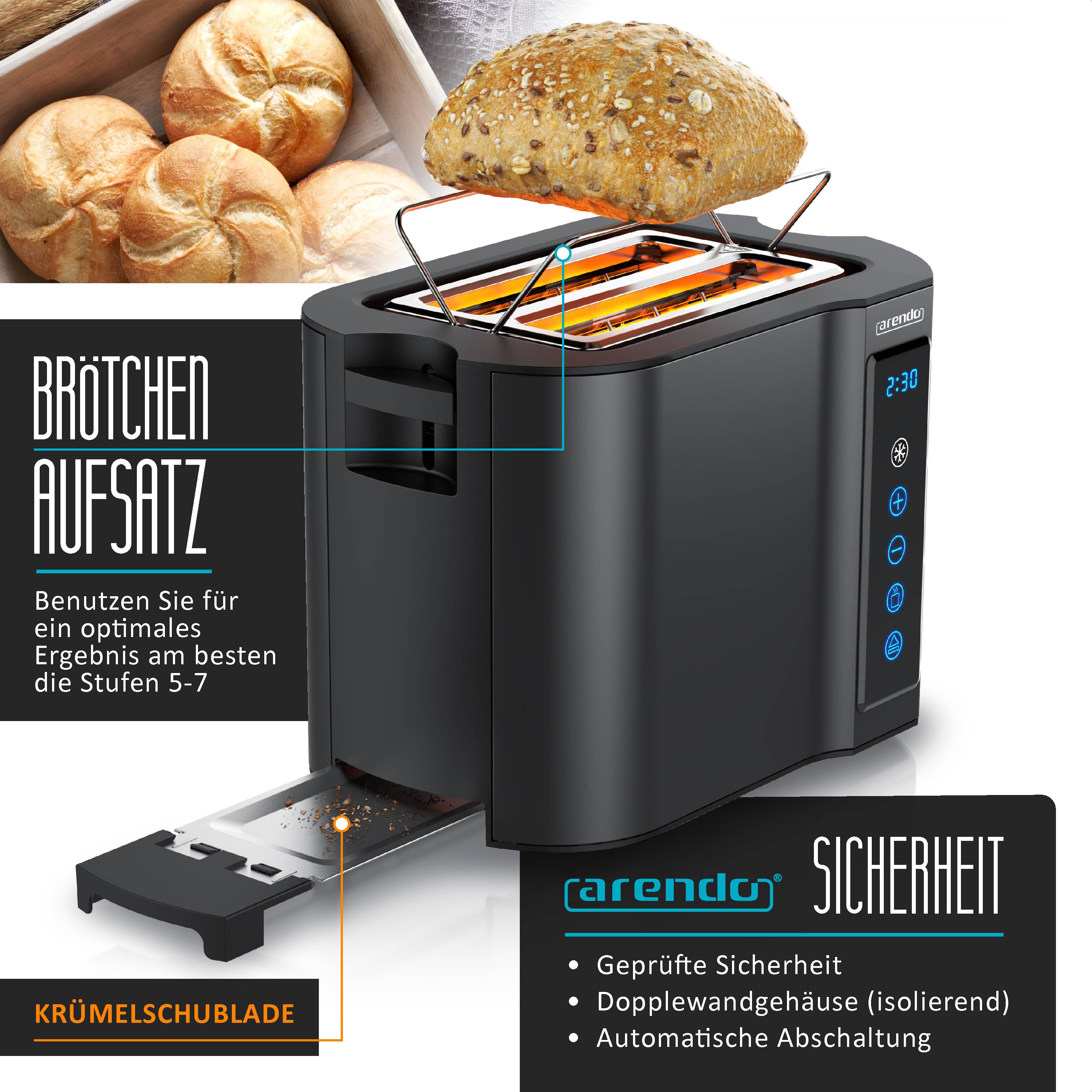 Arendo Toaster Kurzschlitz, Brötchenaufsatz, wärmeisoliertes Gehäuse, Display, Touch, 800 W, Edelstahl, Kunststoff